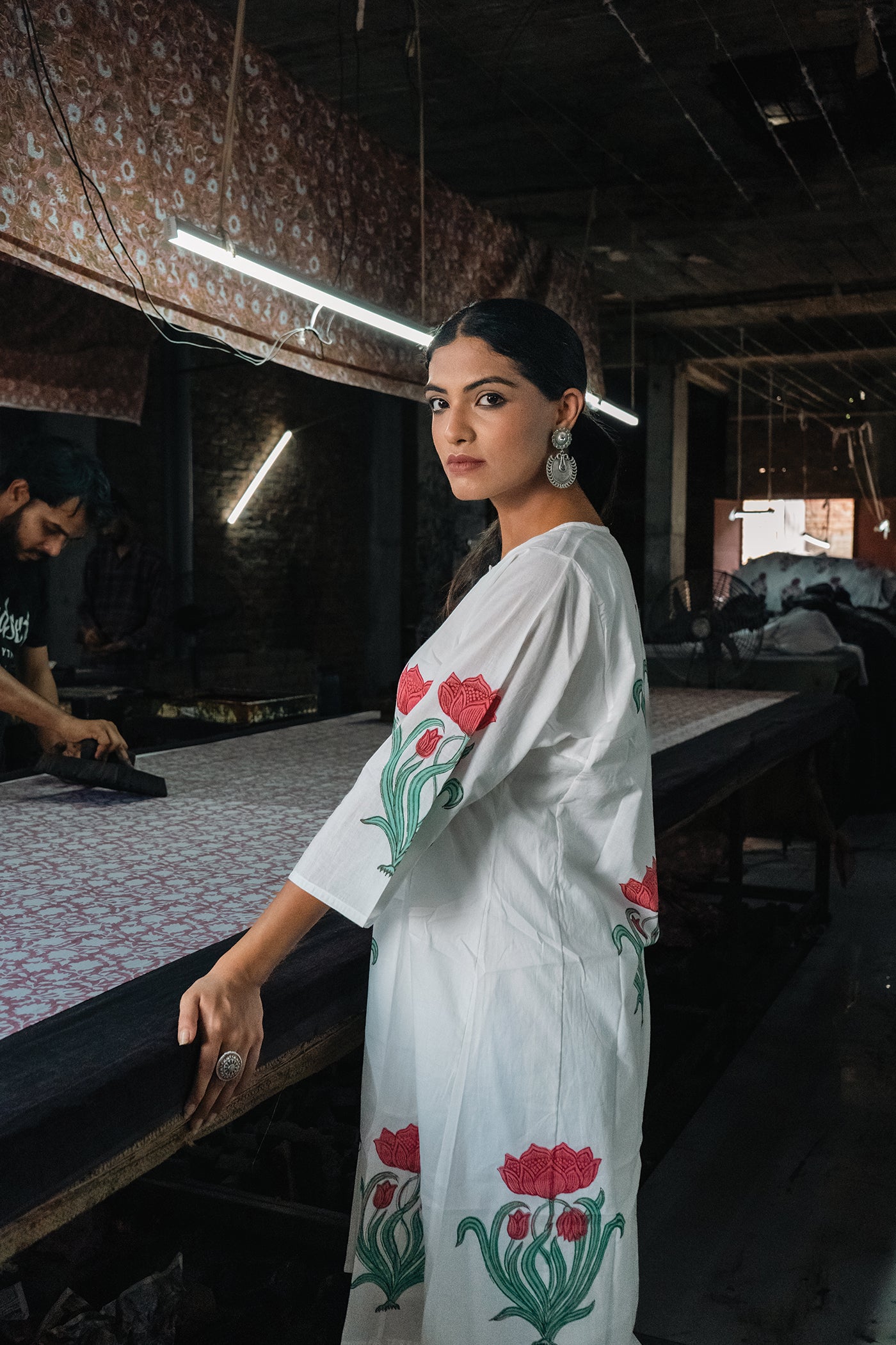 Vintage Bloom - Hand Block Printed Mughal Butta Design Cotton Kurta - Length 41 Inches - Peach and Sea Green