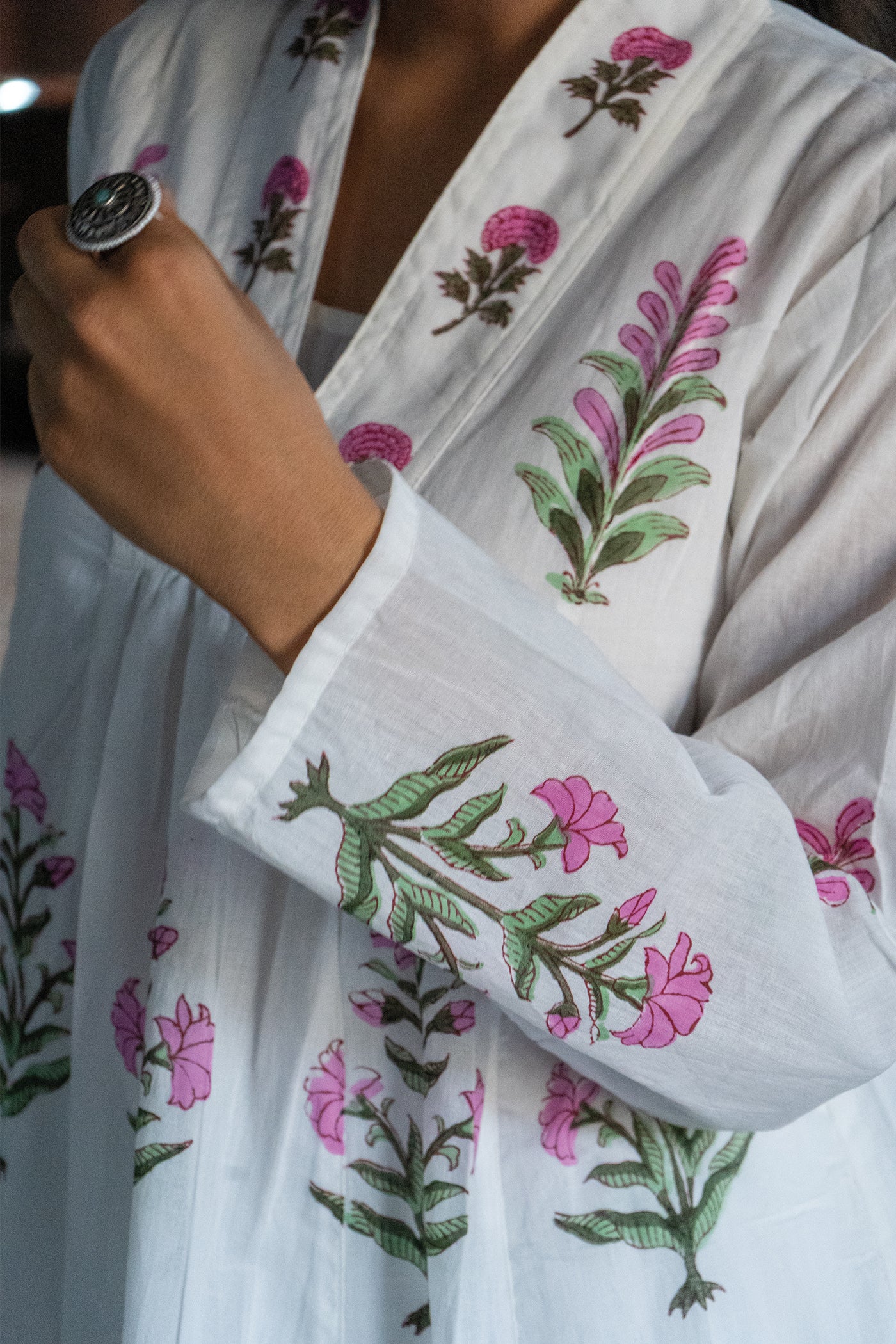 Marcia - Mulmul Hand Block Printed Dress/Kurta in Mughal Prints - Millenial Pink - Length 50 Inches