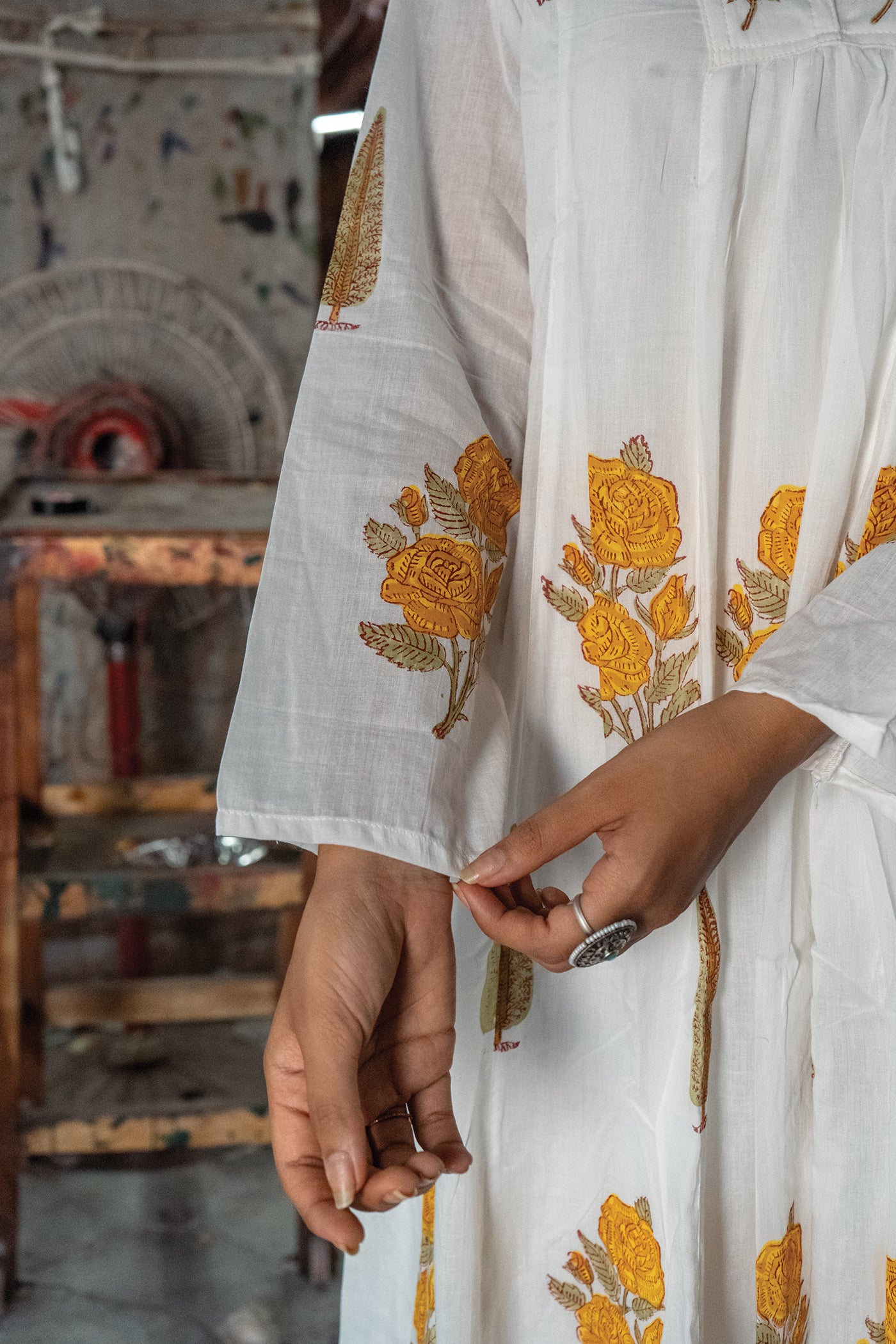 Marcia - Mulmul Hand Block Printed Dress/Kurta in Mughal Prints - Yellow Rose - Length 50 Inches