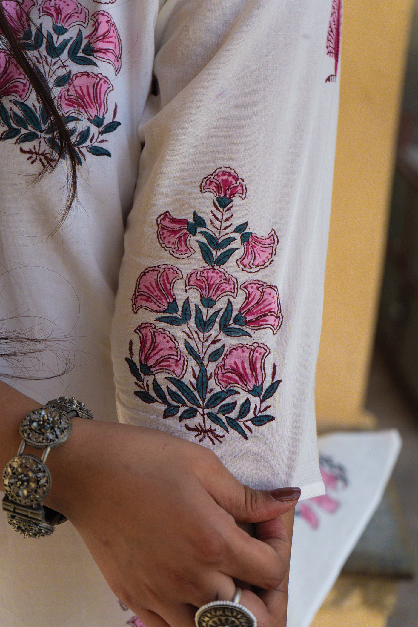 Vintage Bloom - Hand Block Printed Mughal Butta with Cypress Design Cotton Kurta - Length 41 Inches - Taffy Pink