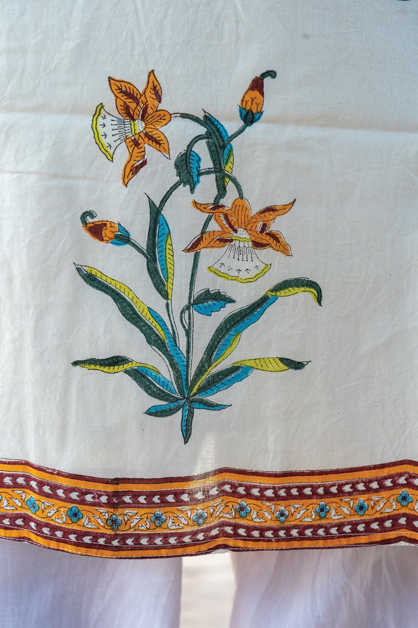 Saar - Hand Block Printed Mughal Butta Cotton Kurta - Length 41 Inches - Mustard Yellow and Turquoise