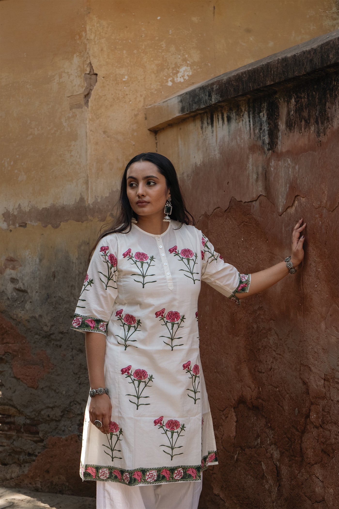 Daisy - Hand Block Printed New Flower in Garden Design Cotton Kurta - Length 41 Inches - Pink