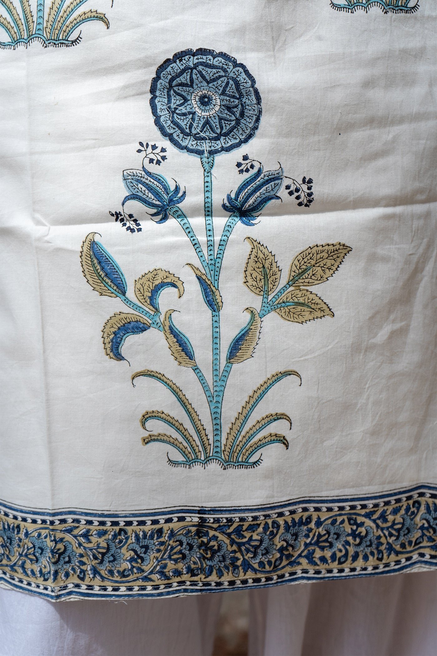 Hibiscus - Hand Block Printed Mughal Butta Cotton Kurta - Length 41 Inches - Aegean Blue