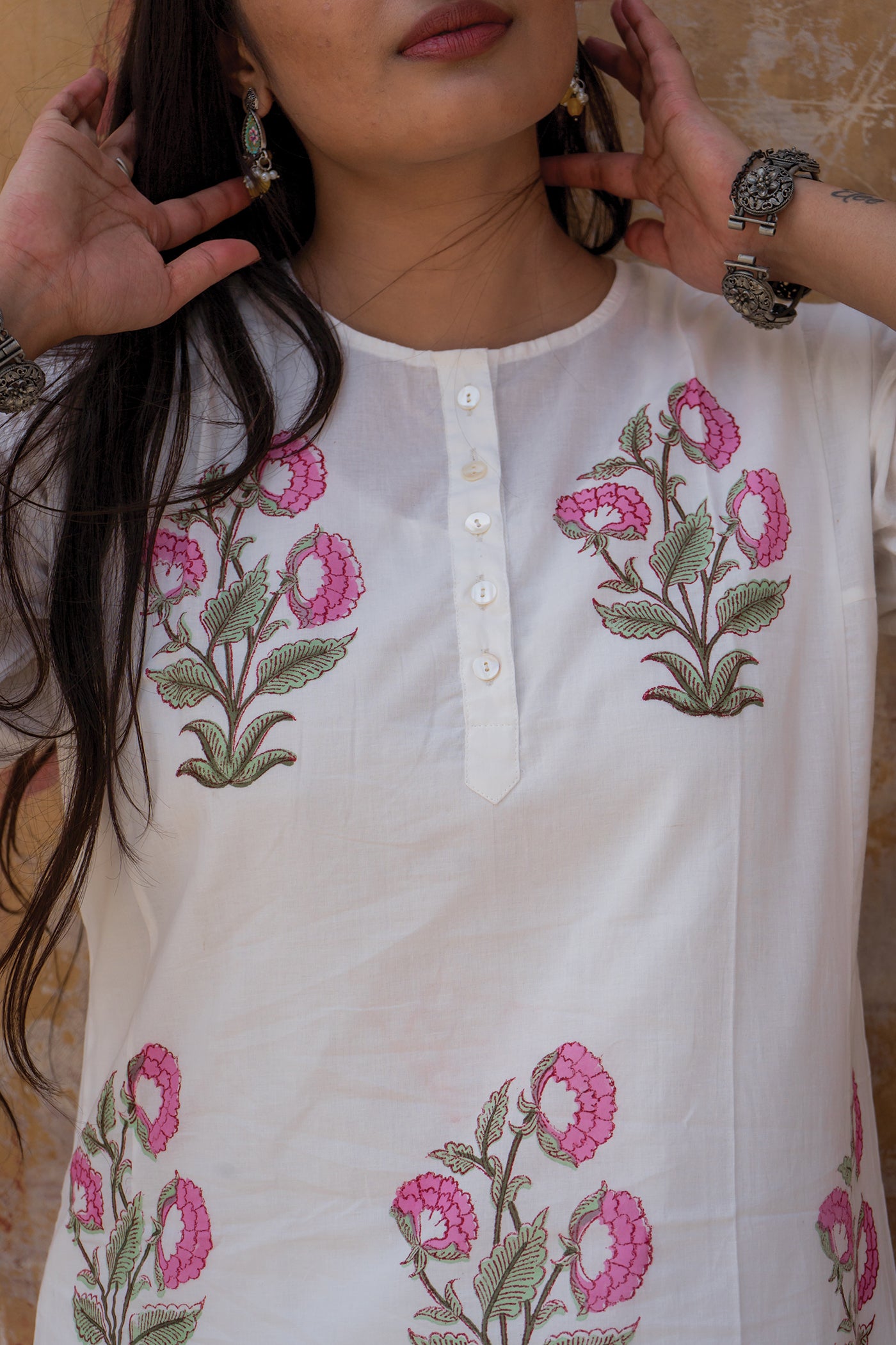 Vintage Bloom - Hand Block Printed Mughal Butta Design Cotton Kurta - Length 41 Inches - Millenial Pink