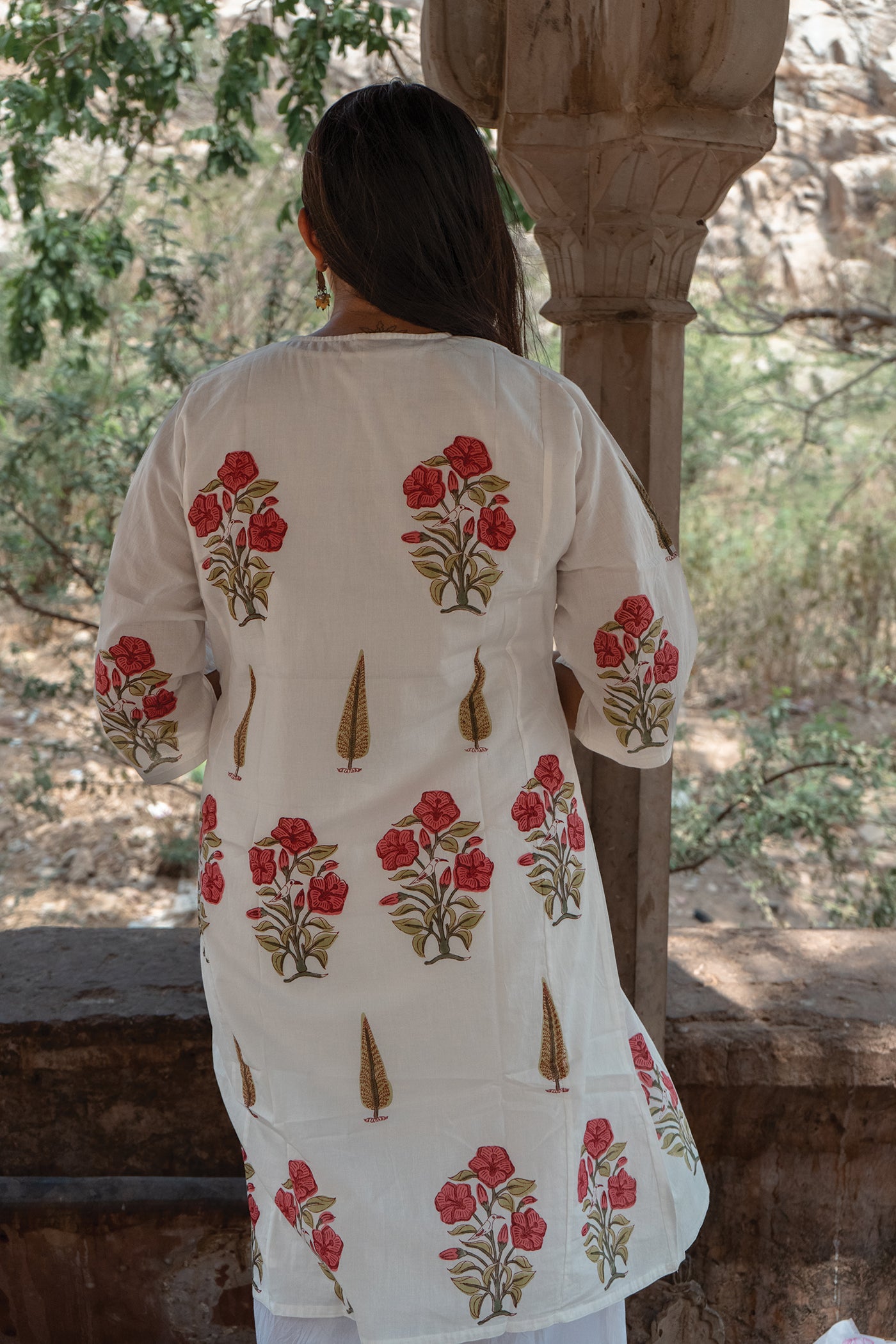 Royal Mughal Bird - Hand Block Printed Mughal Butta Design Cotton Kurta - Lengh 41 Inches - Red