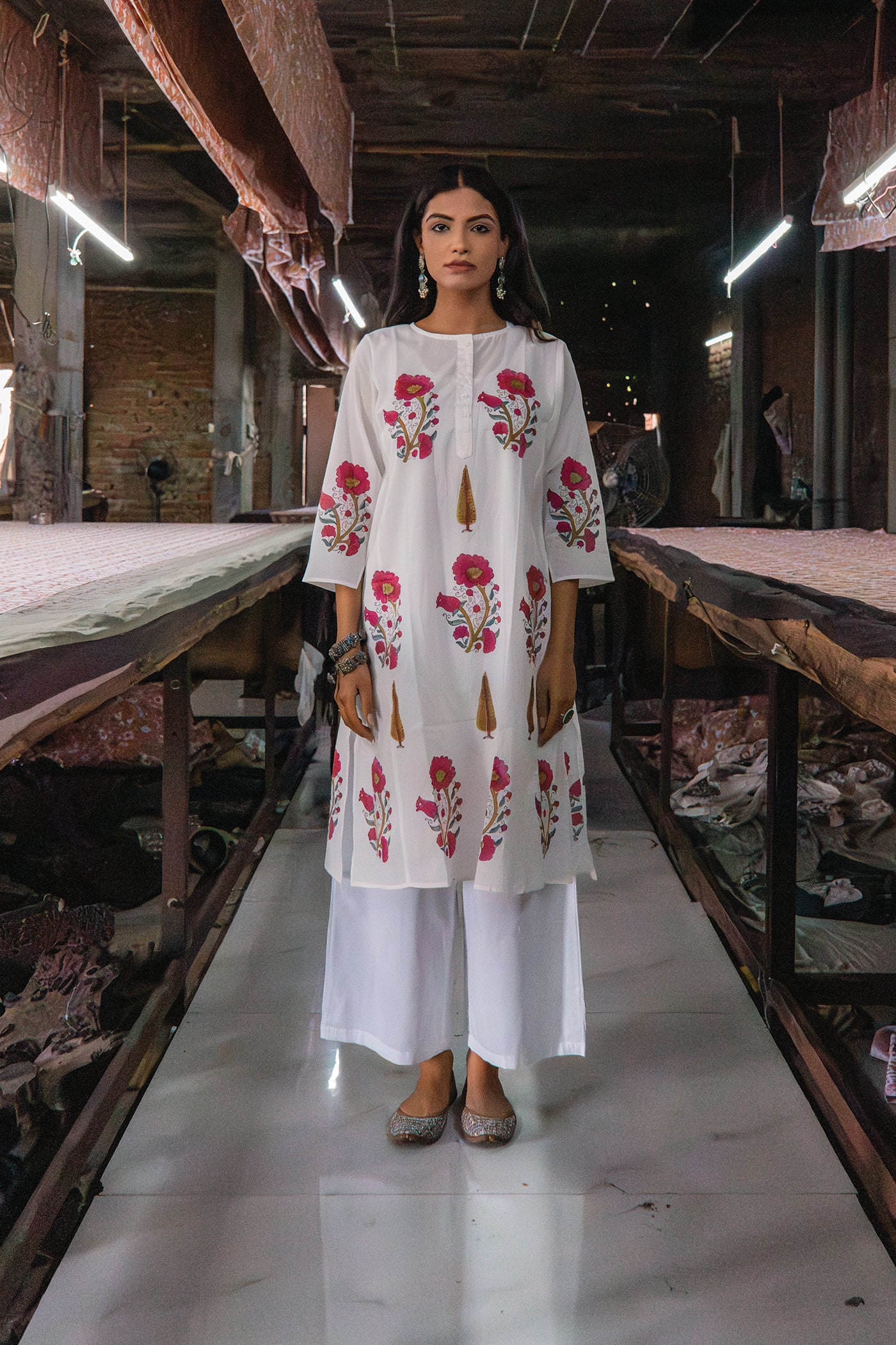 Vintage Bloom - Hand Block Printed Mughal Butta with Cypress Design Cotton Kurta - Length 41 Inches - Deep Pink and Royal Blue