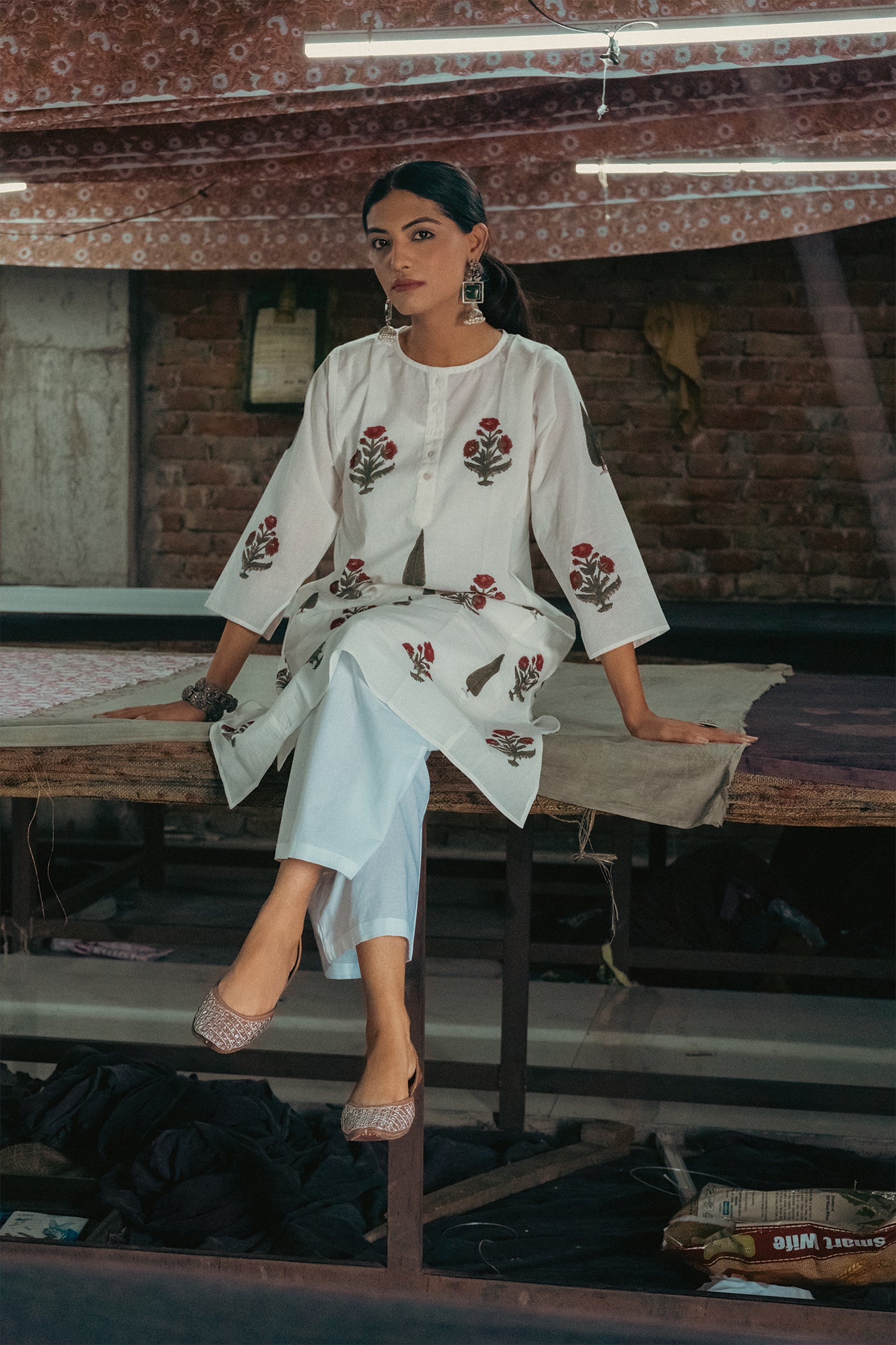 Poppy Flower - Hand Block Printed Mughal Butta with Cypress Design Cotton Kurta - Length 41 Inches - Red and Forest Green