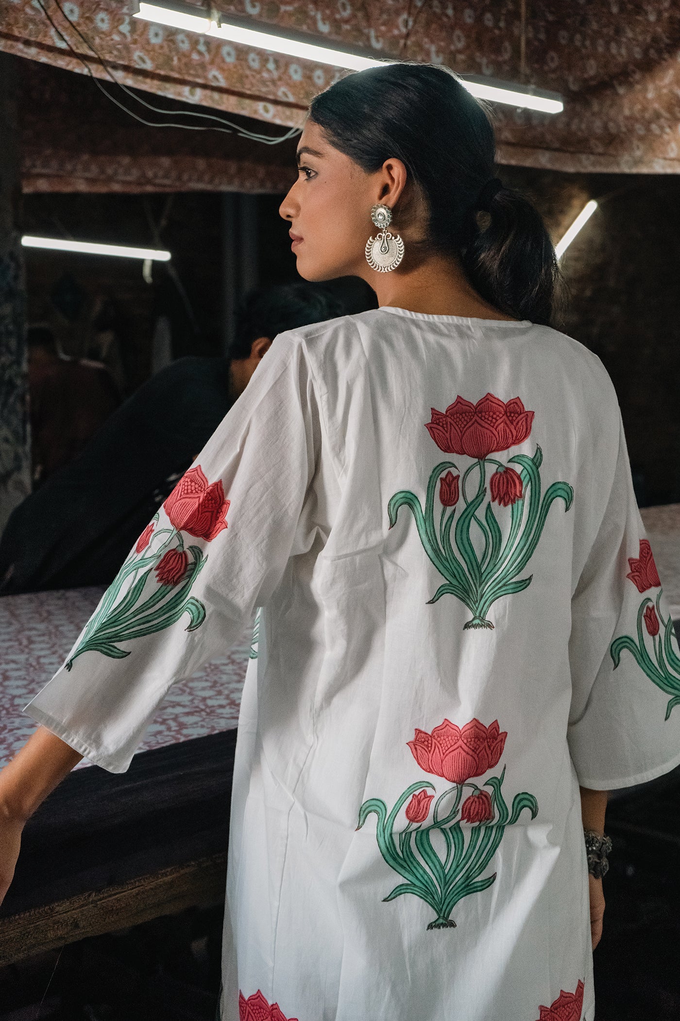 Vintage Bloom - Hand Block Printed Mughal Butta Design Cotton Kurta - Length 41 Inches - Peach and Sea Green