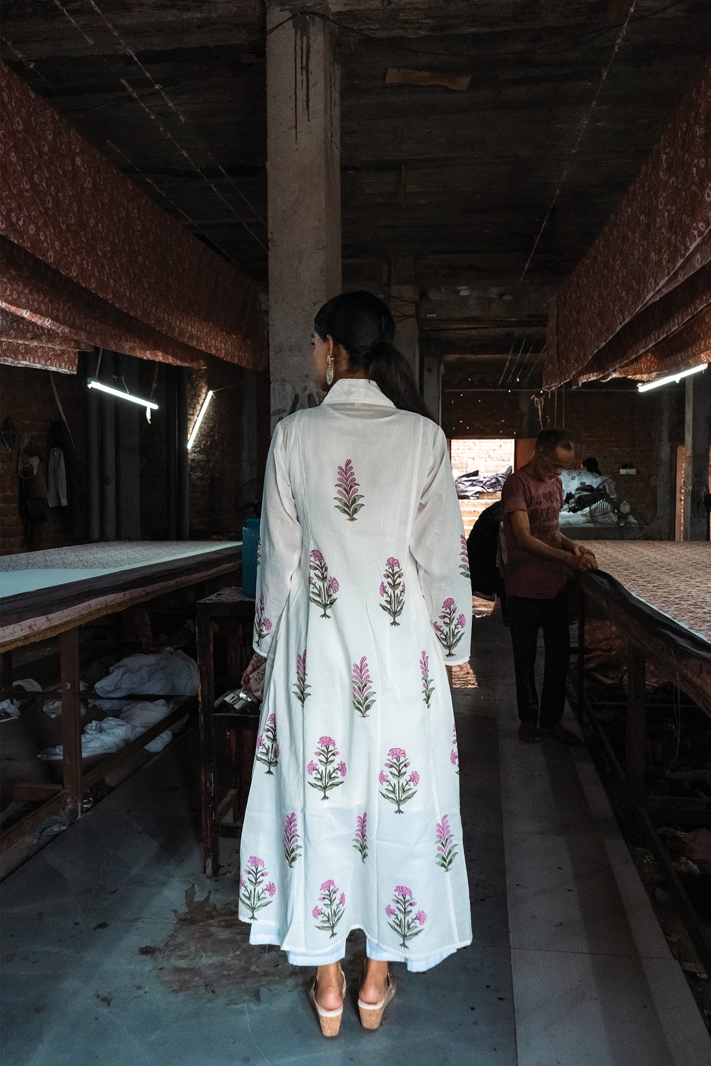 Marcia - Mulmul Hand Block Printed Dress/Kurta in Mughal Prints - Millenial Pink - Length 50 Inches