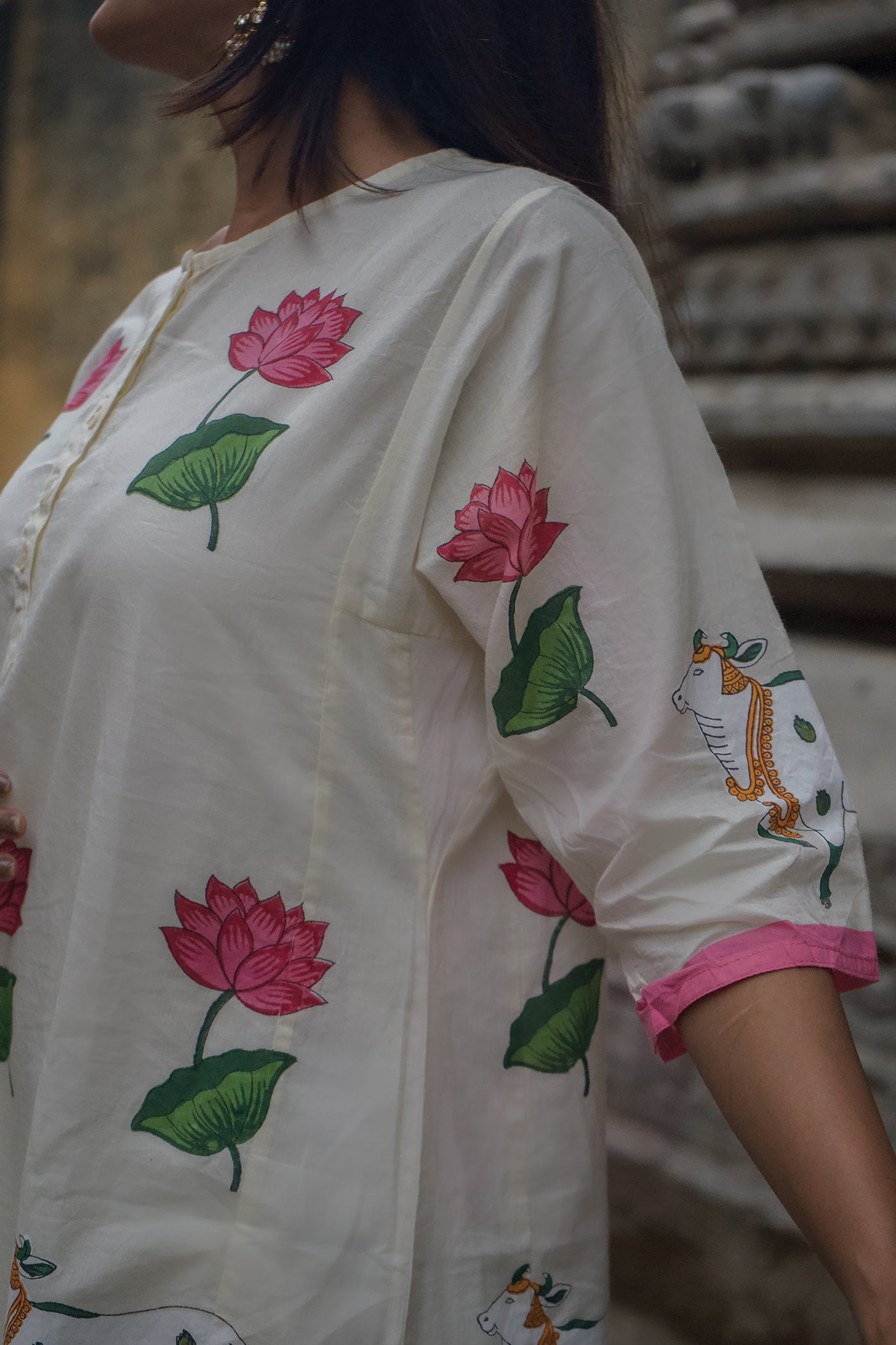 Indian Pichwai - Hand Block Printed Pearl White Straight Panel Kurta With Pant (SET OF 2)