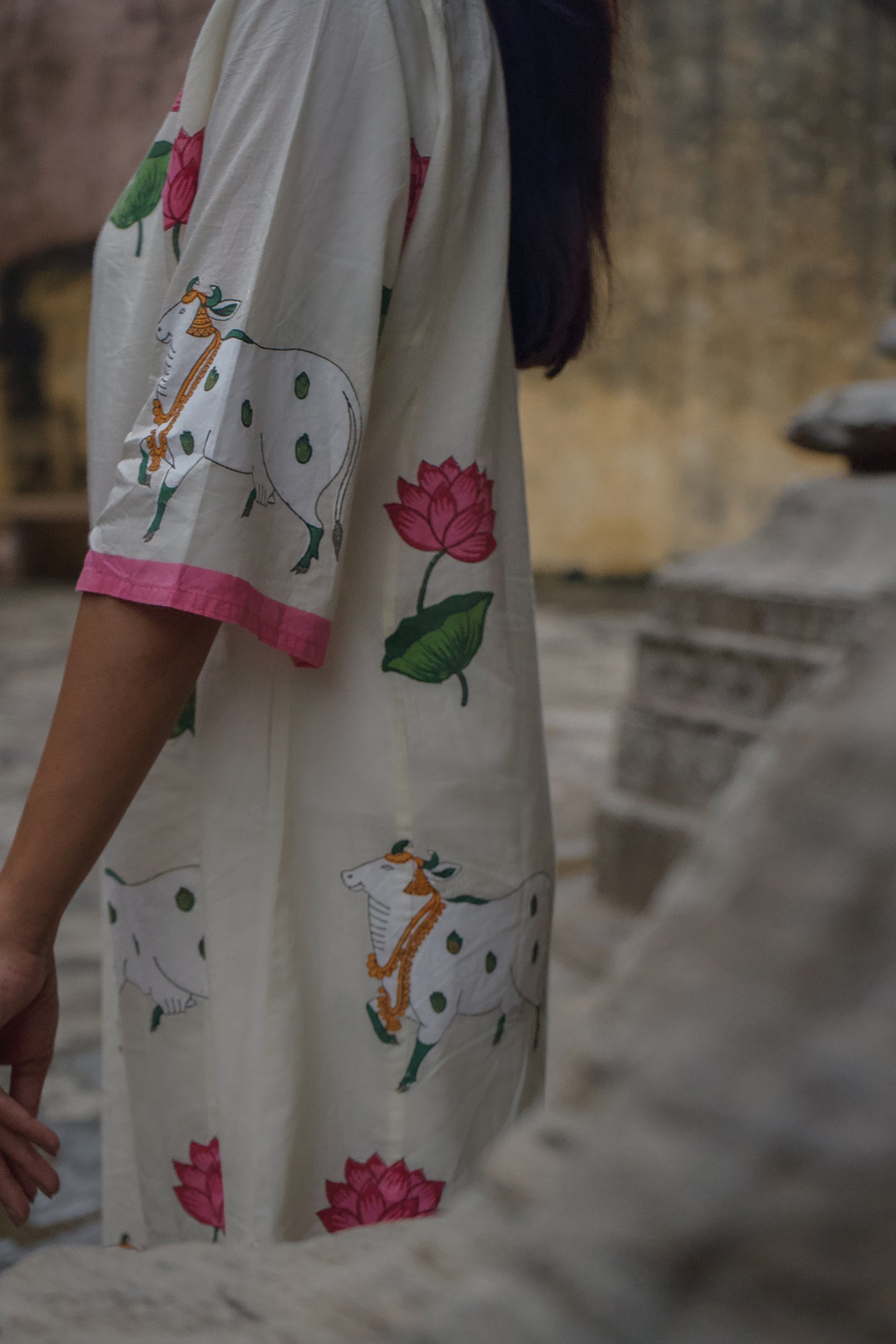 Indian Pichwai - Hand Block Printed Pearl White Straight Panel Kurta With Pant (SET OF 2)