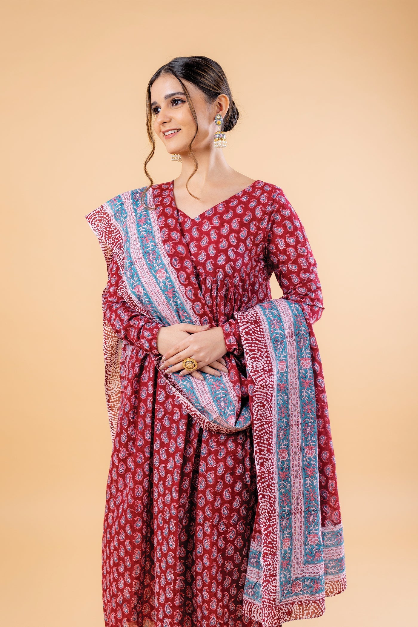 Ambi - Hand Block Print Carmine Red Paisley Mulmul Anarkali Suit Set with Dupatta - Set of 3 The Royal Gramma