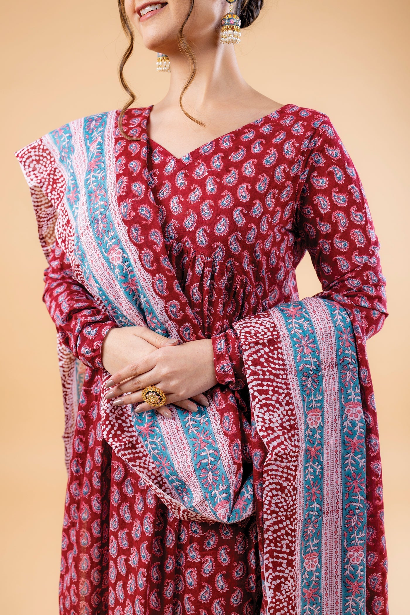 Ambi - Hand Block Print Carmine Red Paisley Mulmul Anarkali Suit Set with Dupatta - Set of 3 The Royal Gramma