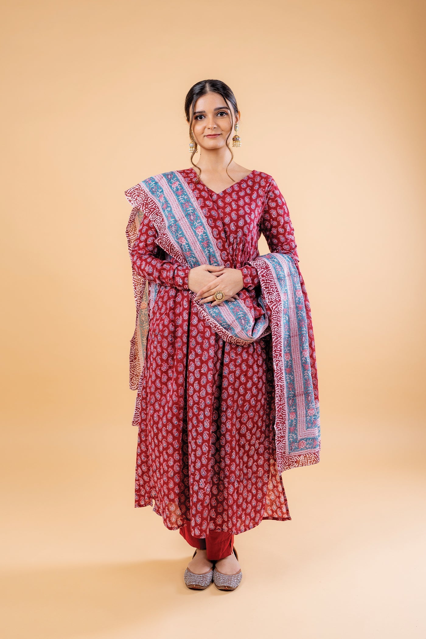 Ambi - Hand Block Print Carmine Red Paisley Mulmul Anarkali Suit Set with Dupatta - Set of 3 The Royal Gramma