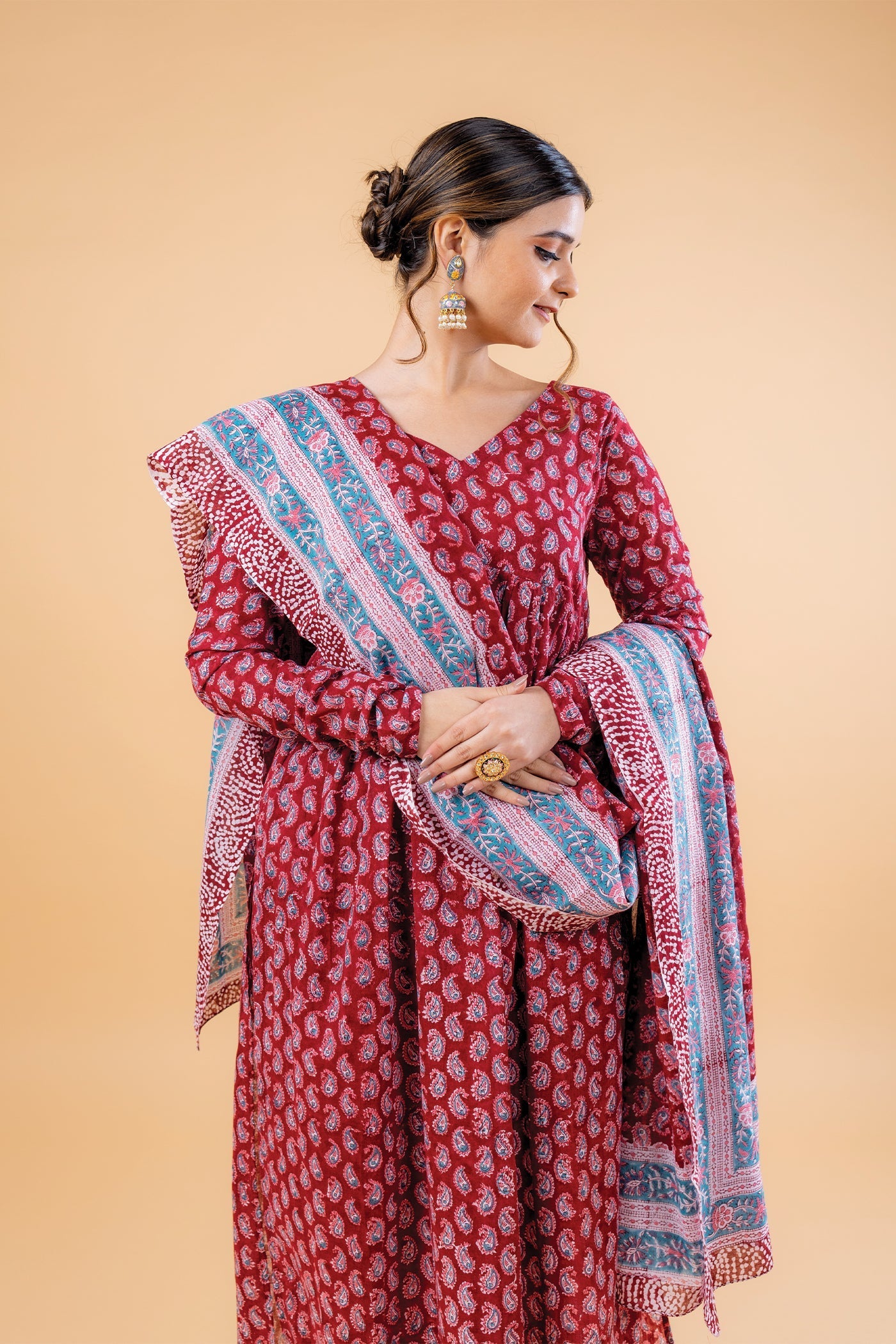 Ambi - Hand Block Print Carmine Red Paisley Mulmul Anarkali Suit Set with Dupatta - Set of 3 The Royal Gramma