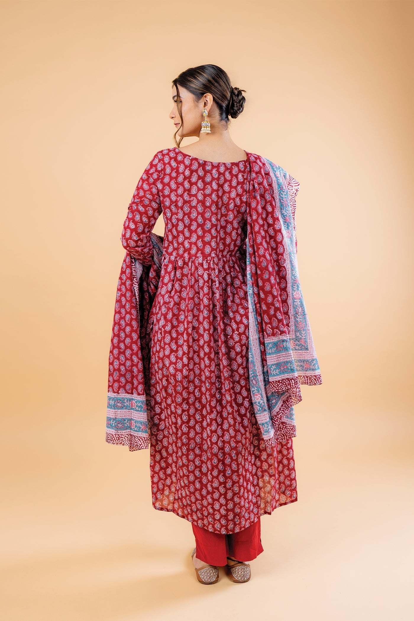 Ambi - Hand Block Print Carmine Red Paisley Mulmul Anarkali Suit Set with Dupatta - Set of 3 The Royal Gramma