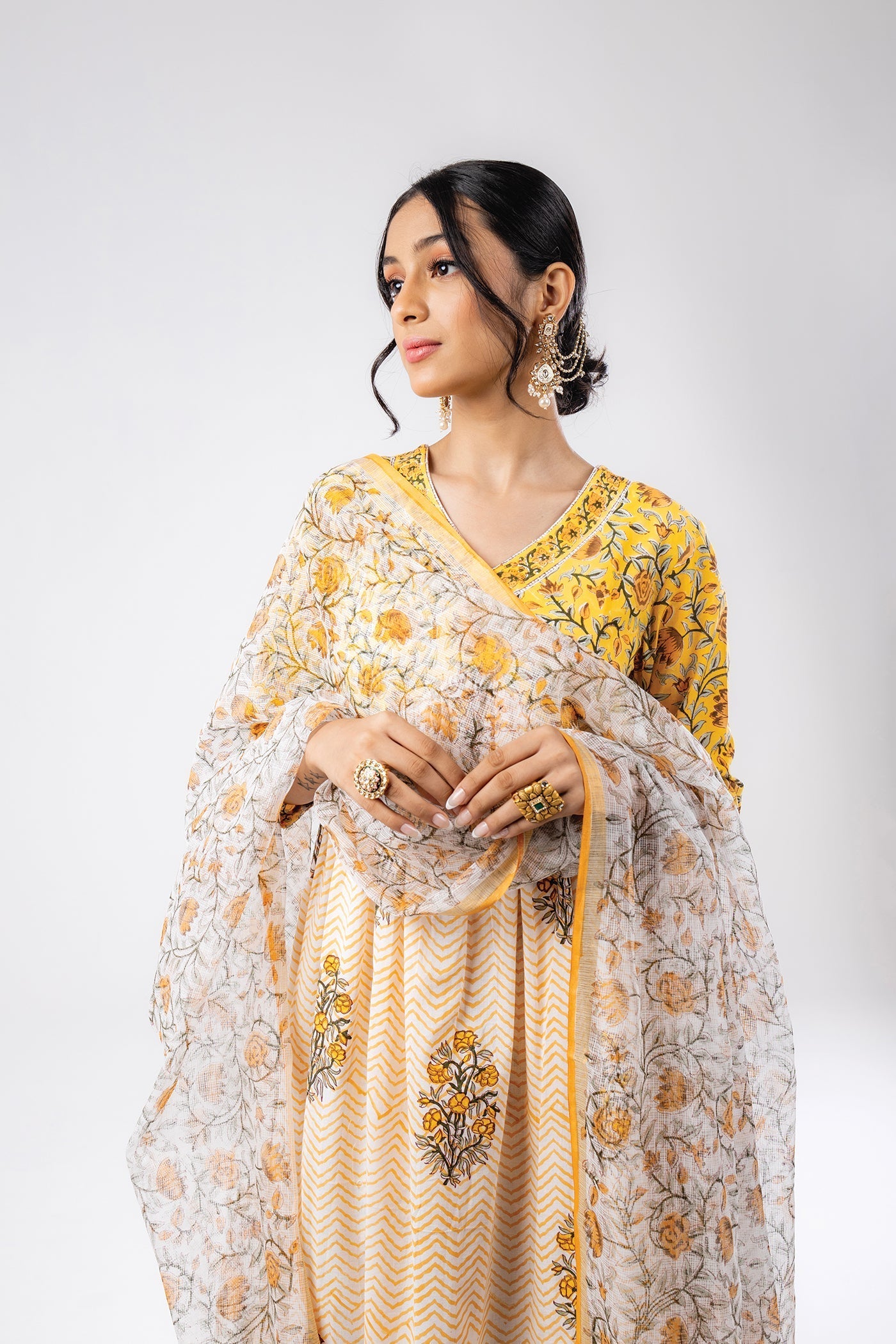 Bahaar - Hand Block Print Canary Yellow Cotton Anarkali Suit Set with Dupatta - Set of 3 The Royal Gramma