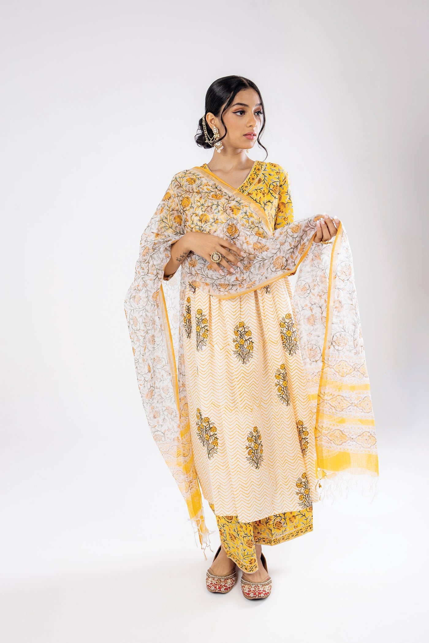 Bahaar - Hand Block Print Canary Yellow Cotton Anarkali Suit Set with Dupatta - Set of 3 The Royal Gramma
