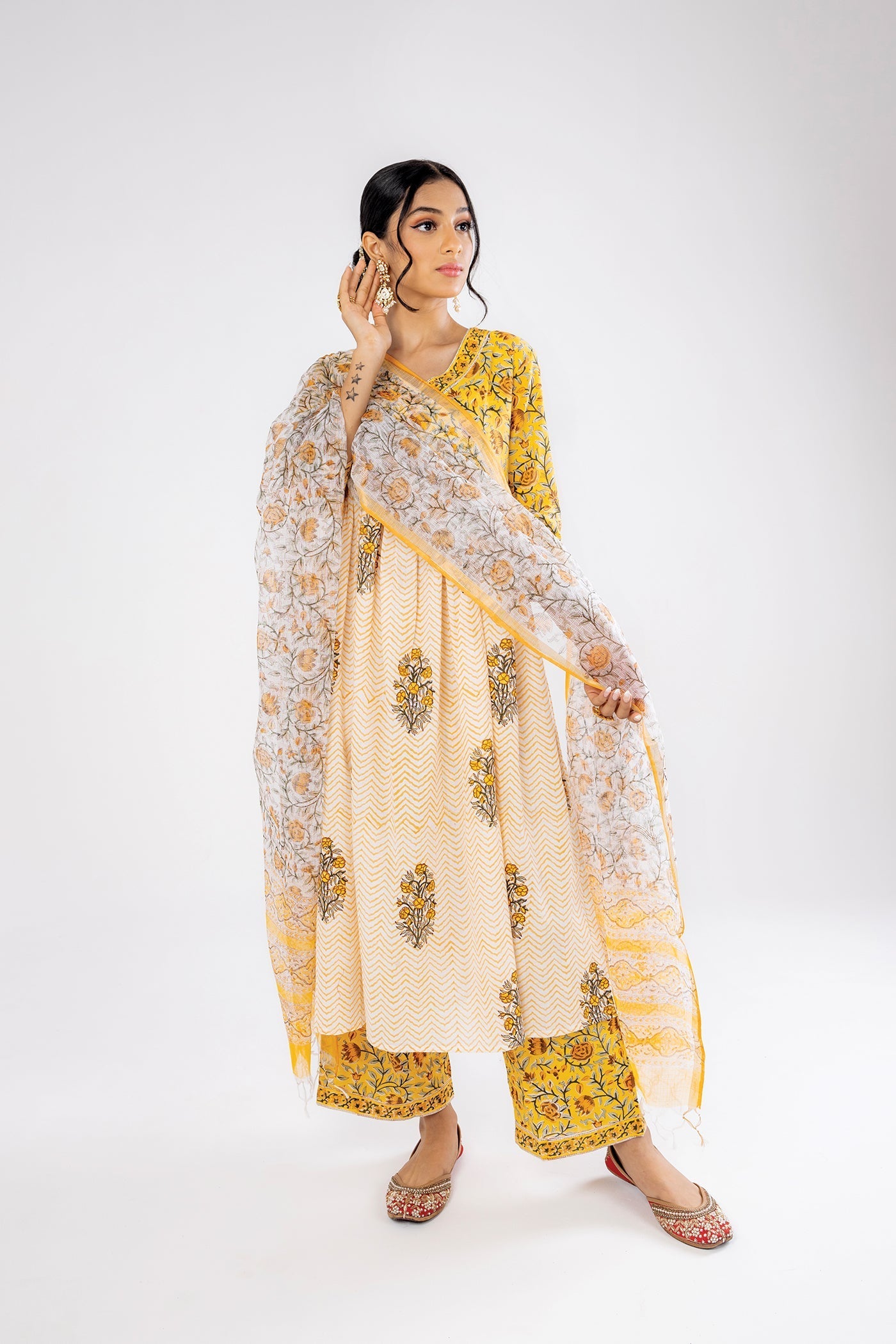 Bahaar - Hand Block Print Canary Yellow Cotton Anarkali Suit Set with Dupatta - Set of 3 The Royal Gramma