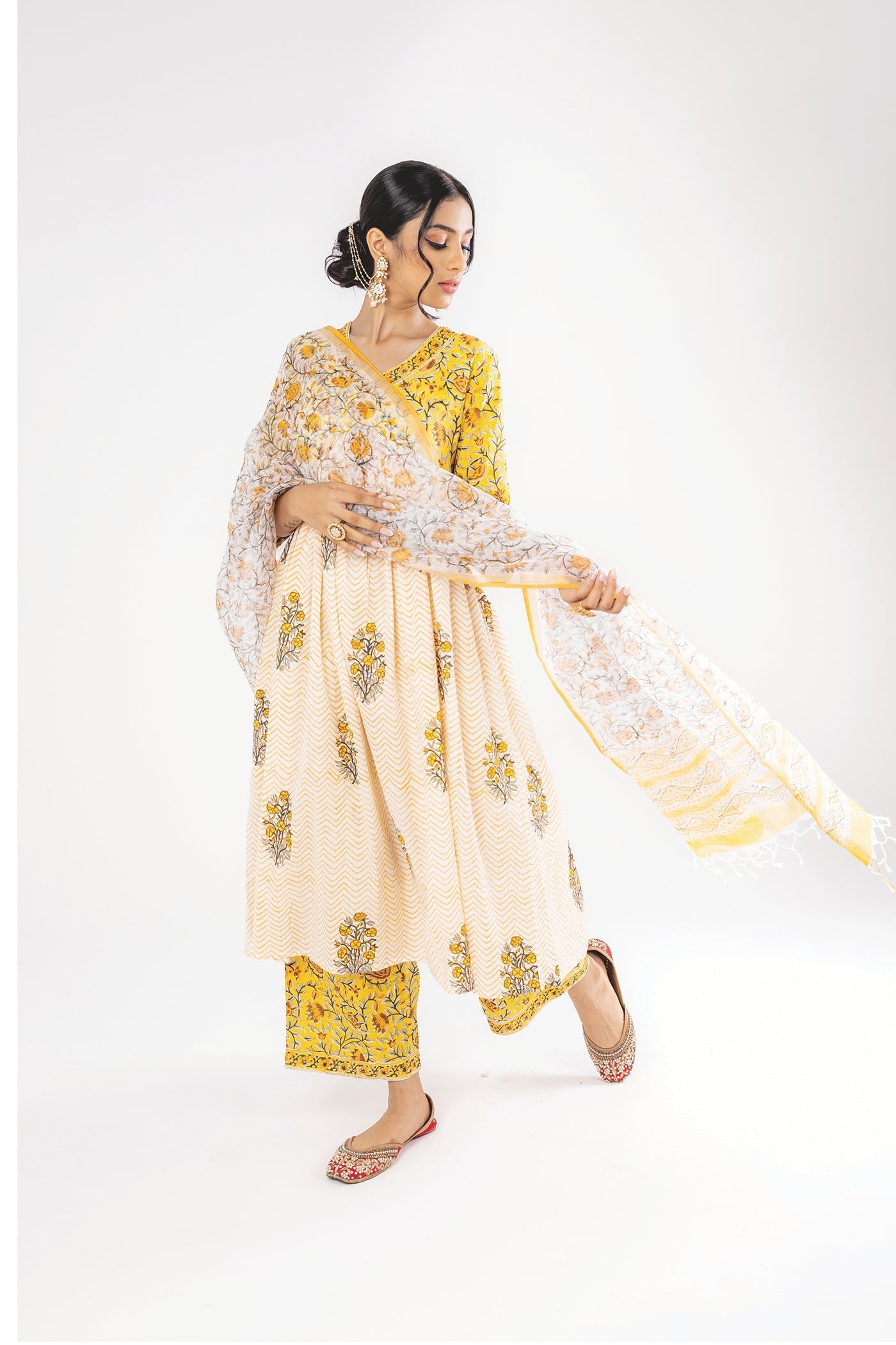 Bahaar - Hand Block Print Canary Yellow Cotton Anarkali Suit Set with Dupatta - Set of 3 The Royal Gramma