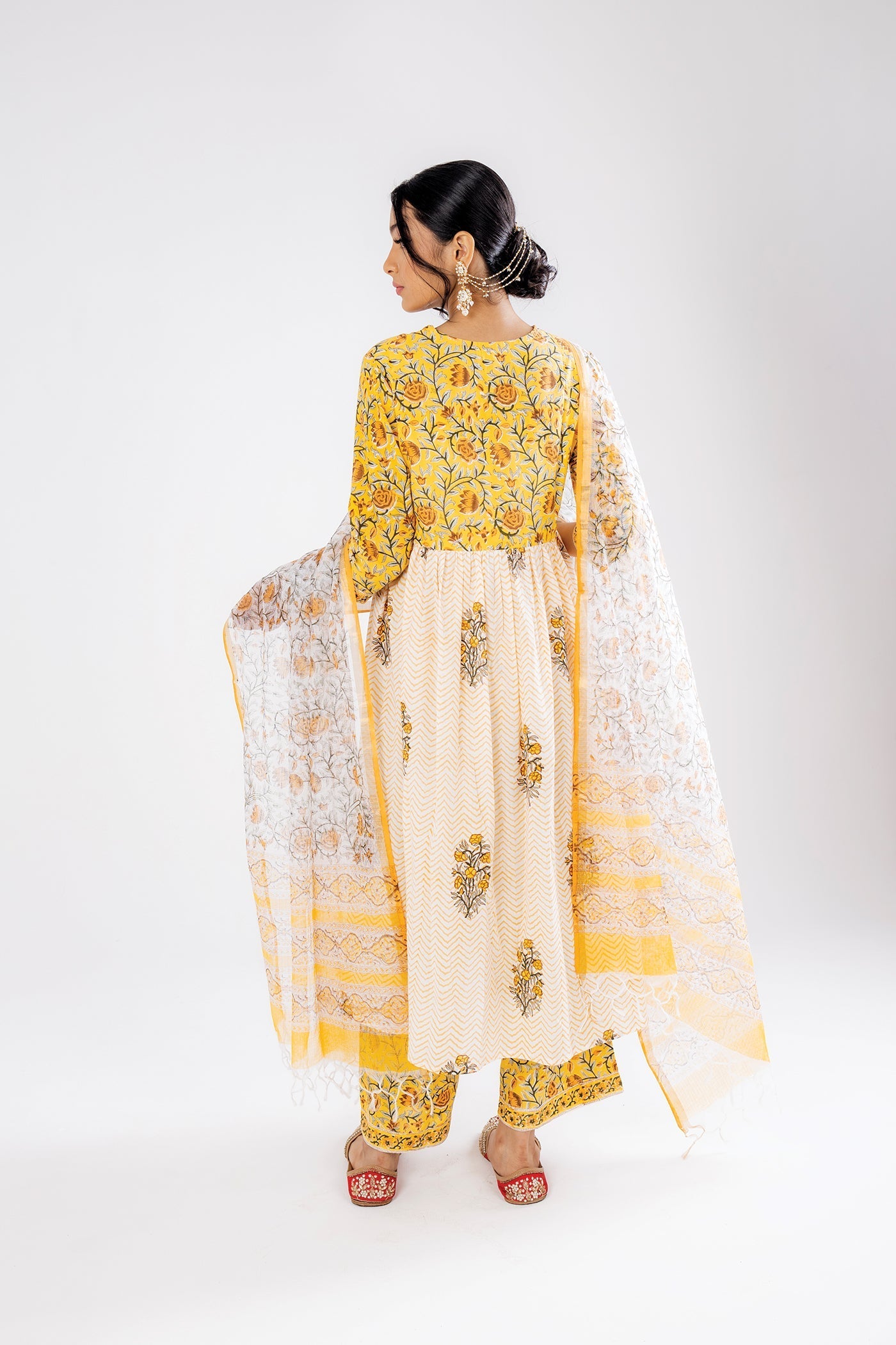 Bahaar - Hand Block Print Canary Yellow Cotton Anarkali Suit Set with Dupatta - Set of 3 The Royal Gramma