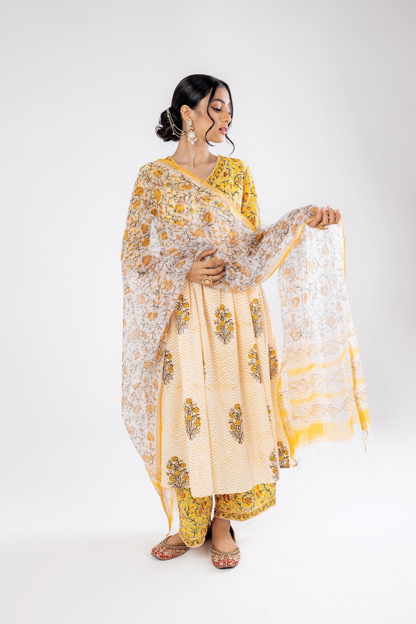 Bahaar - Hand Block Print Canary Yellow Cotton Anarkali Suit Set with Dupatta - Set of 3 The Royal Gramma