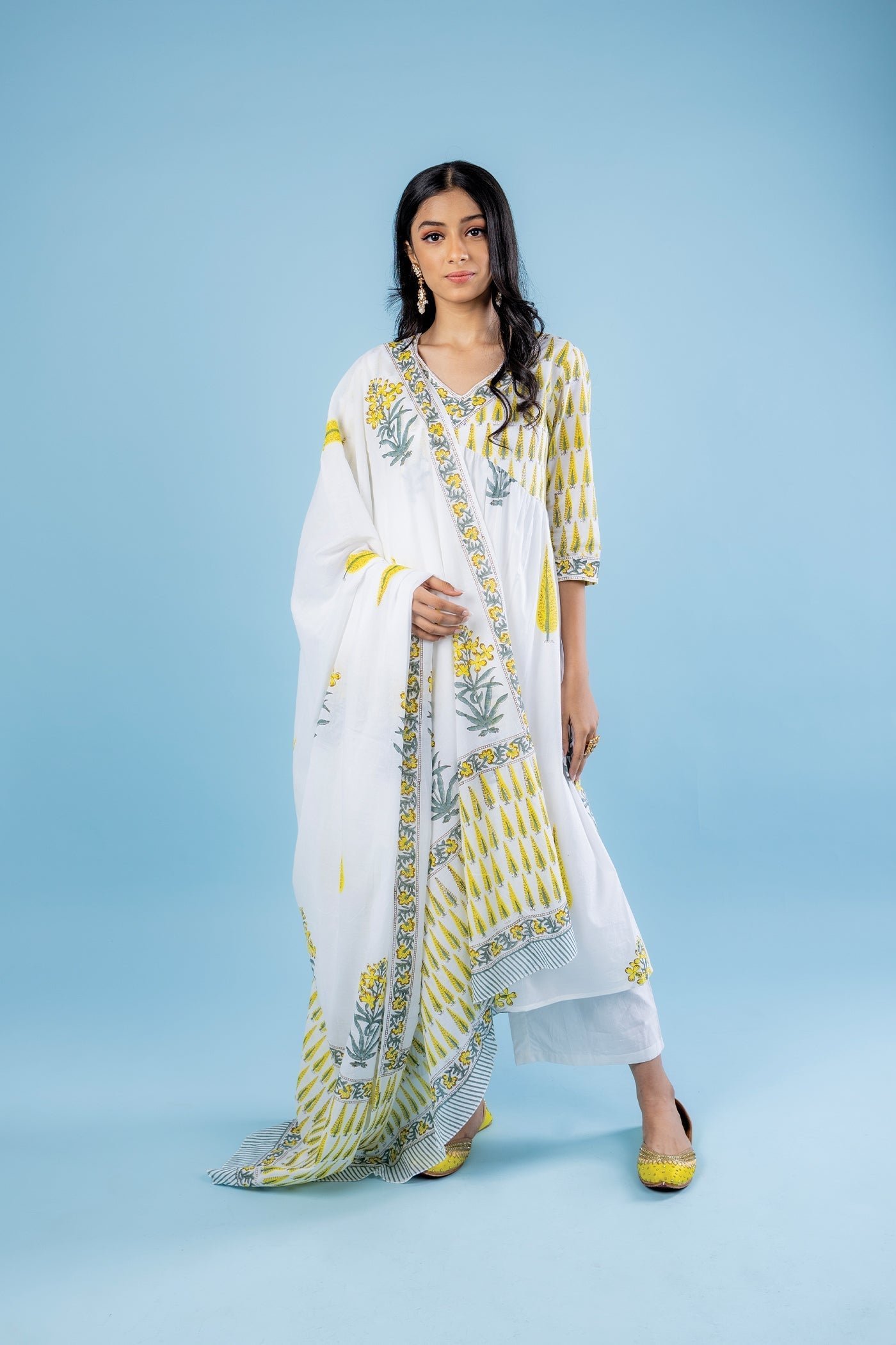 Cypress Love - Hand Block Print Lemon Yellow and Grey Cotton Anarkali Suit Set with Dupatta - Set of 3 The Royal Gramma