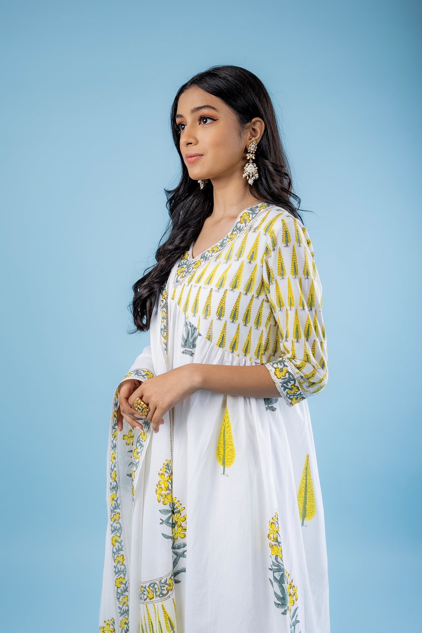 Cypress Love - Hand Block Print Lemon Yellow and Grey Cotton Anarkali Suit Set with Dupatta - Set of 3 The Royal Gramma