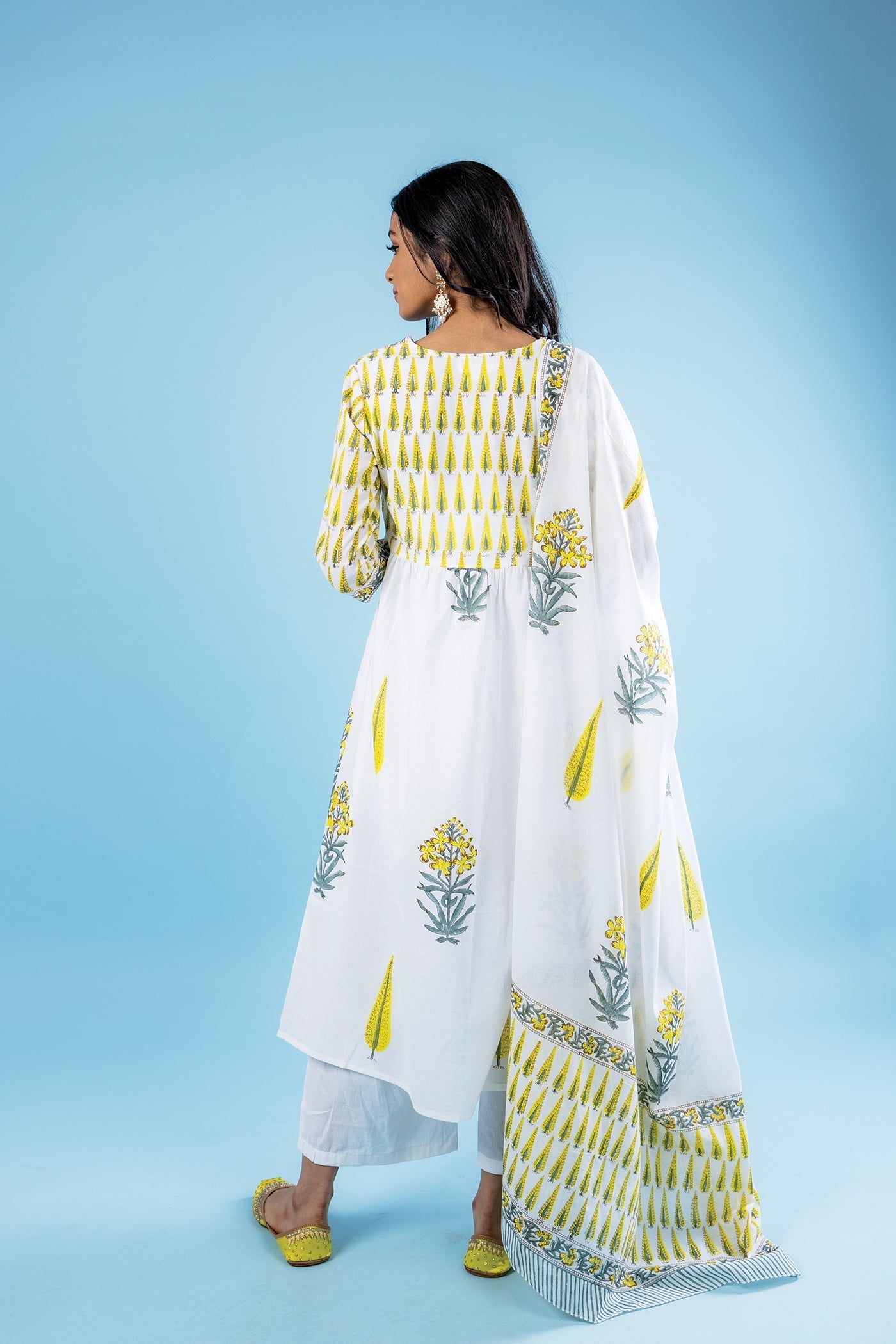 Cypress Love - Hand Block Print Lemon Yellow and Grey Cotton Anarkali Suit Set with Dupatta - Set of 3 The Royal Gramma