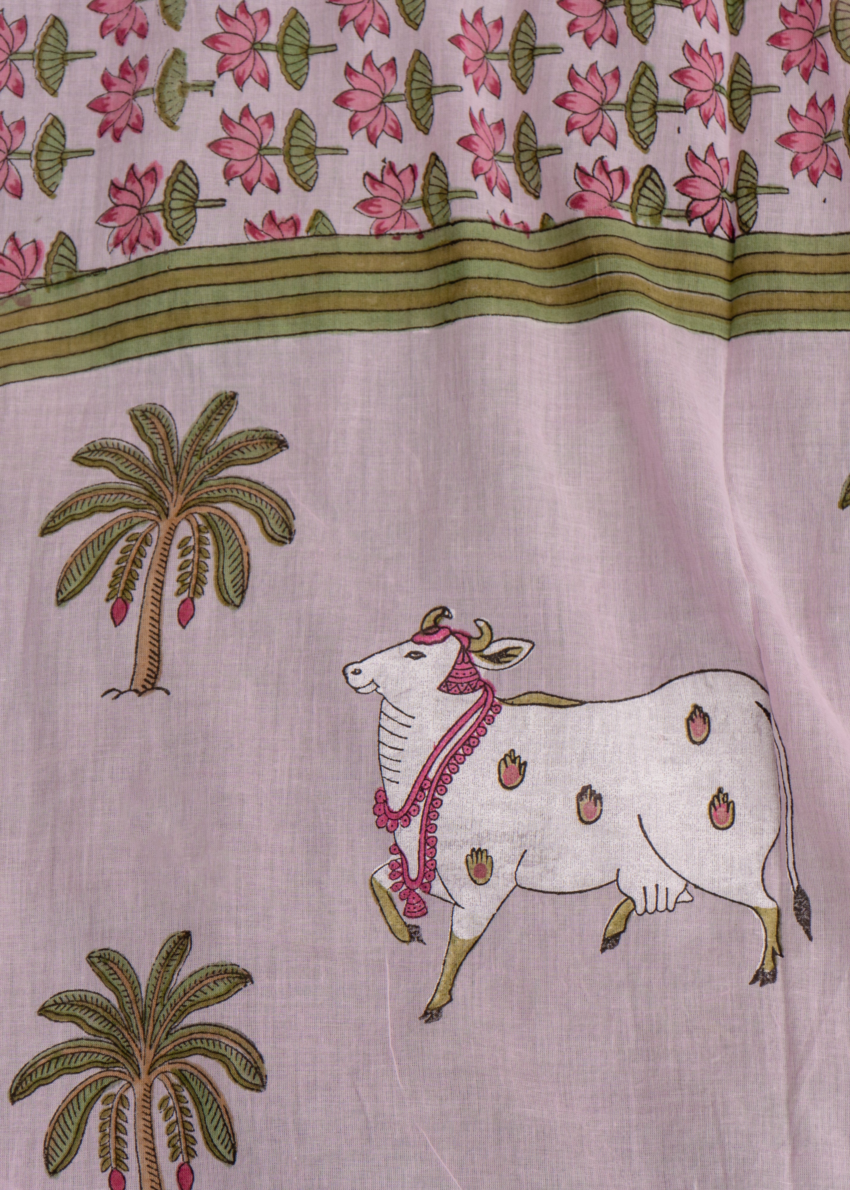 Indian Pichwai -  Dupatta Kamal Talai Hand Block Printed - Pastel Pink