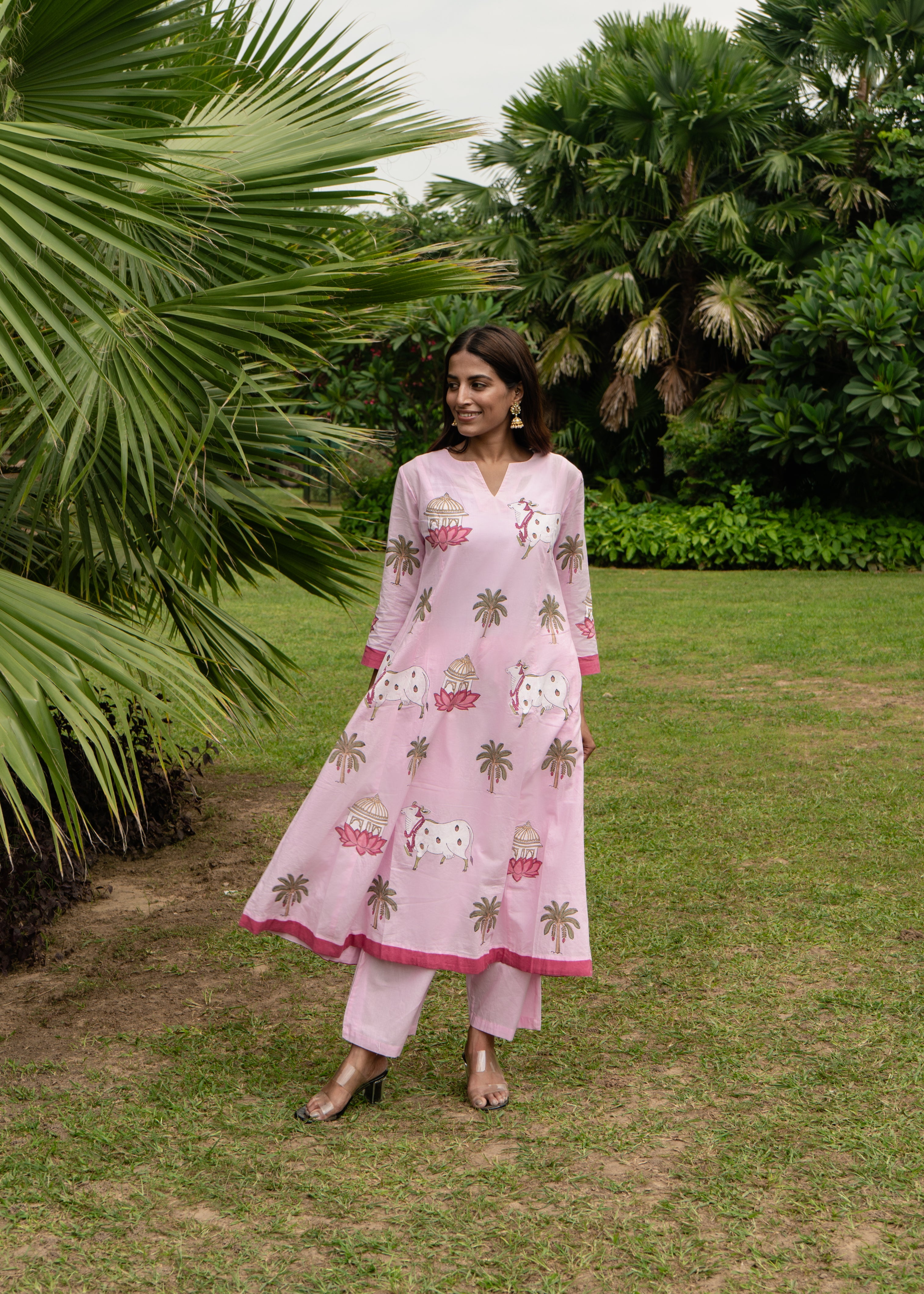 Indian Pichwai - Hand Block Printed Pastel Pink Kali Kurta With Pant (SET OF 2)