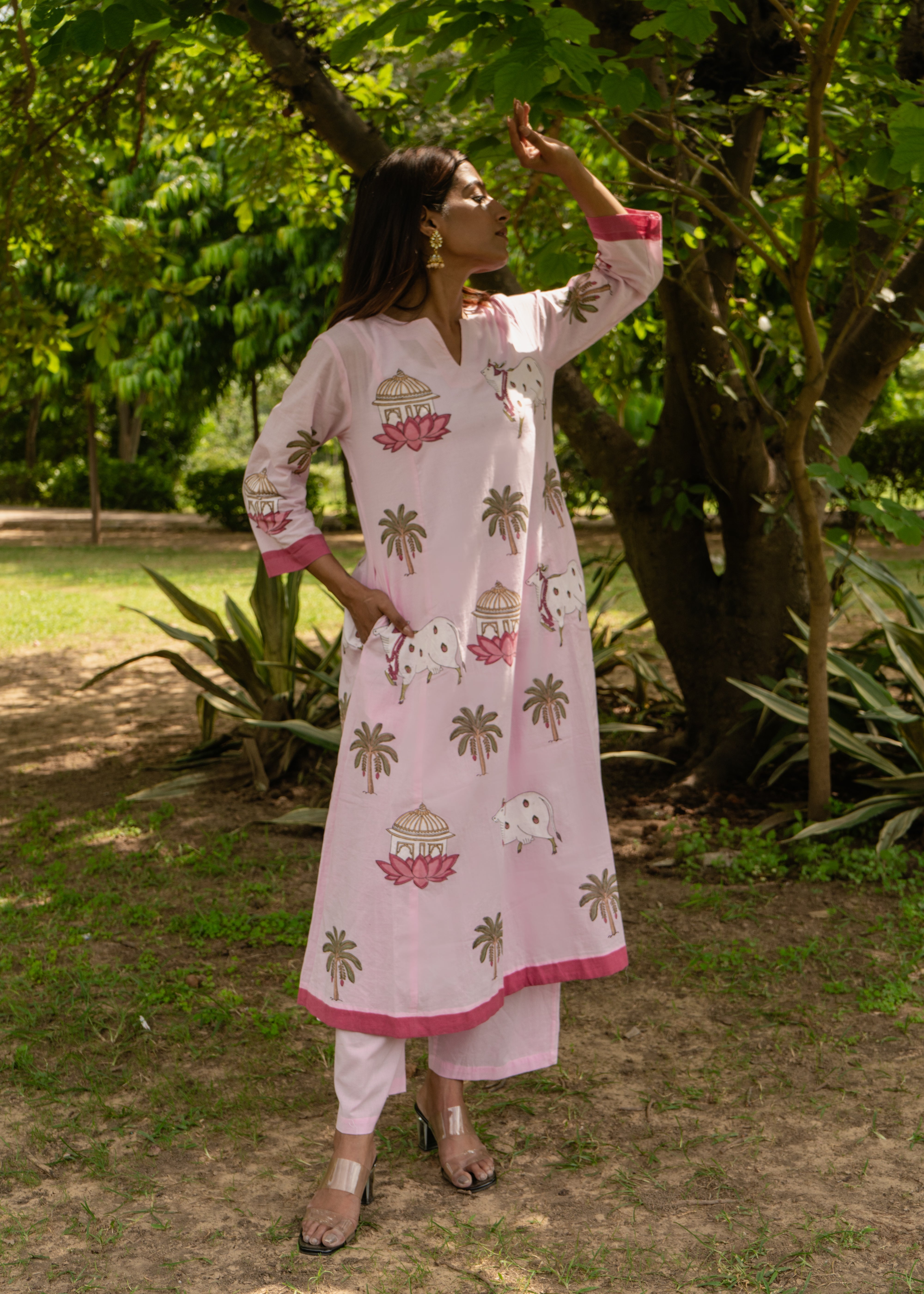 Indian Pichwai - Hand Block Printed Pastel Pink Kali Kurta With Pant (SET OF 2)