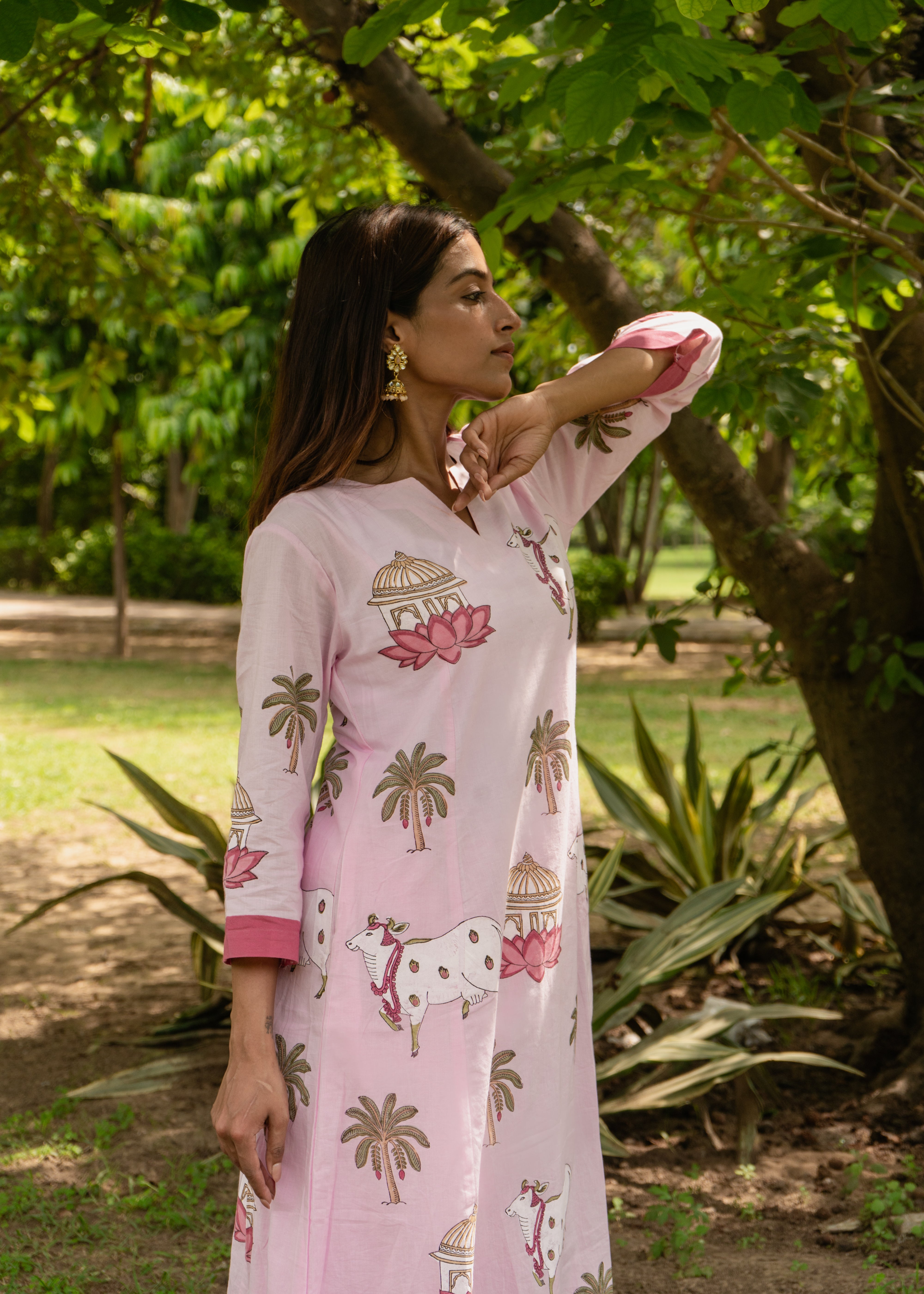 Indian Pichwai - Hand Block Printed Pastel Pink Kali Kurta With Pant (SET OF 2)