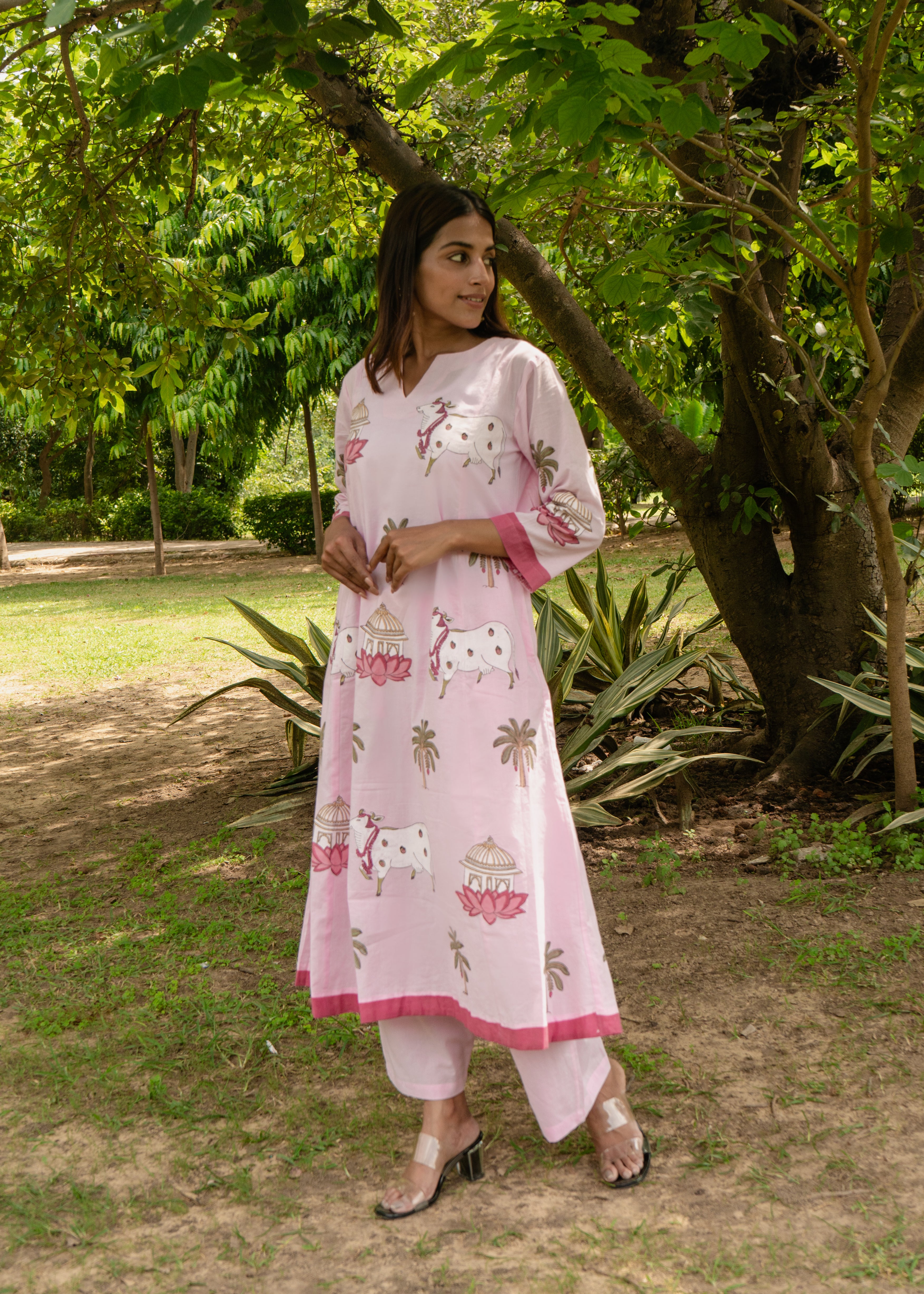 Indian Pichwai - Hand Block Printed Pastel Pink Kali Kurta With Pant (SET OF 2)