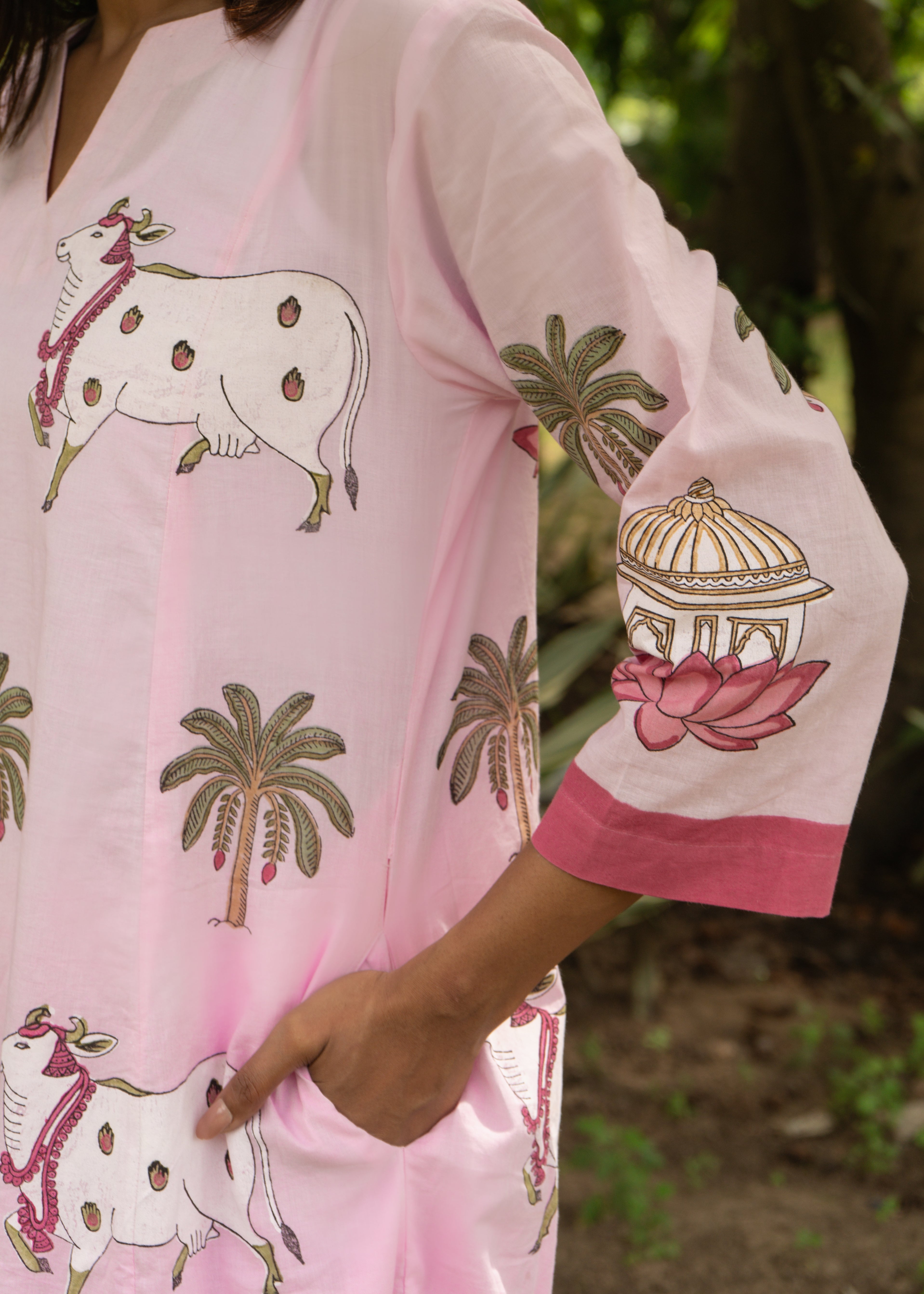 Indian Pichwai - Hand Block Printed Pastel Pink Kali Kurta With Pant (SET OF 2)