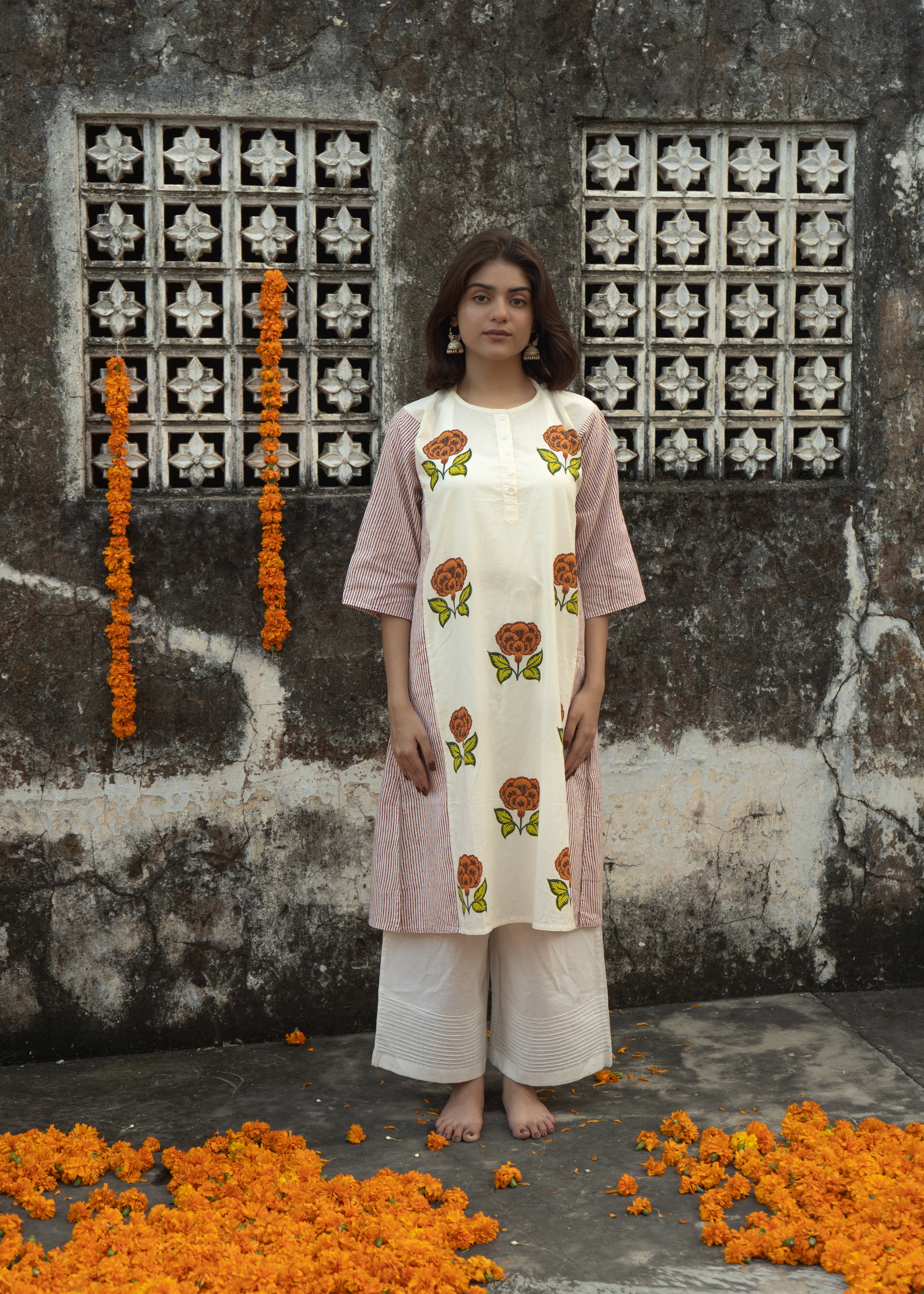 Narangi - Hand Block Printed Cotton Kurta - Length 41 Inches - Marigold Print