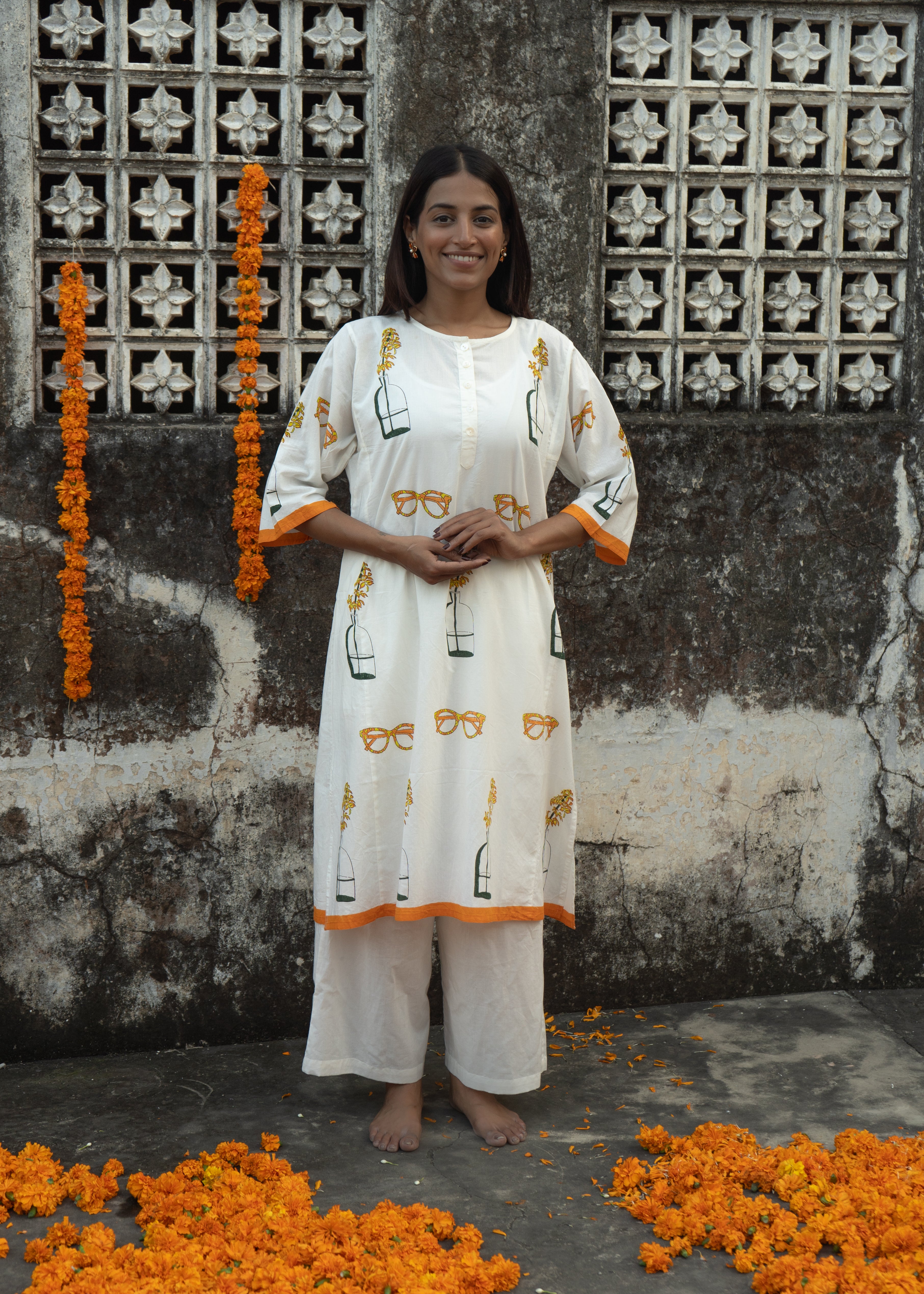 Narangi - Hand Block Printed Cotton Kurta - Length 41 Inches - Quirky Print