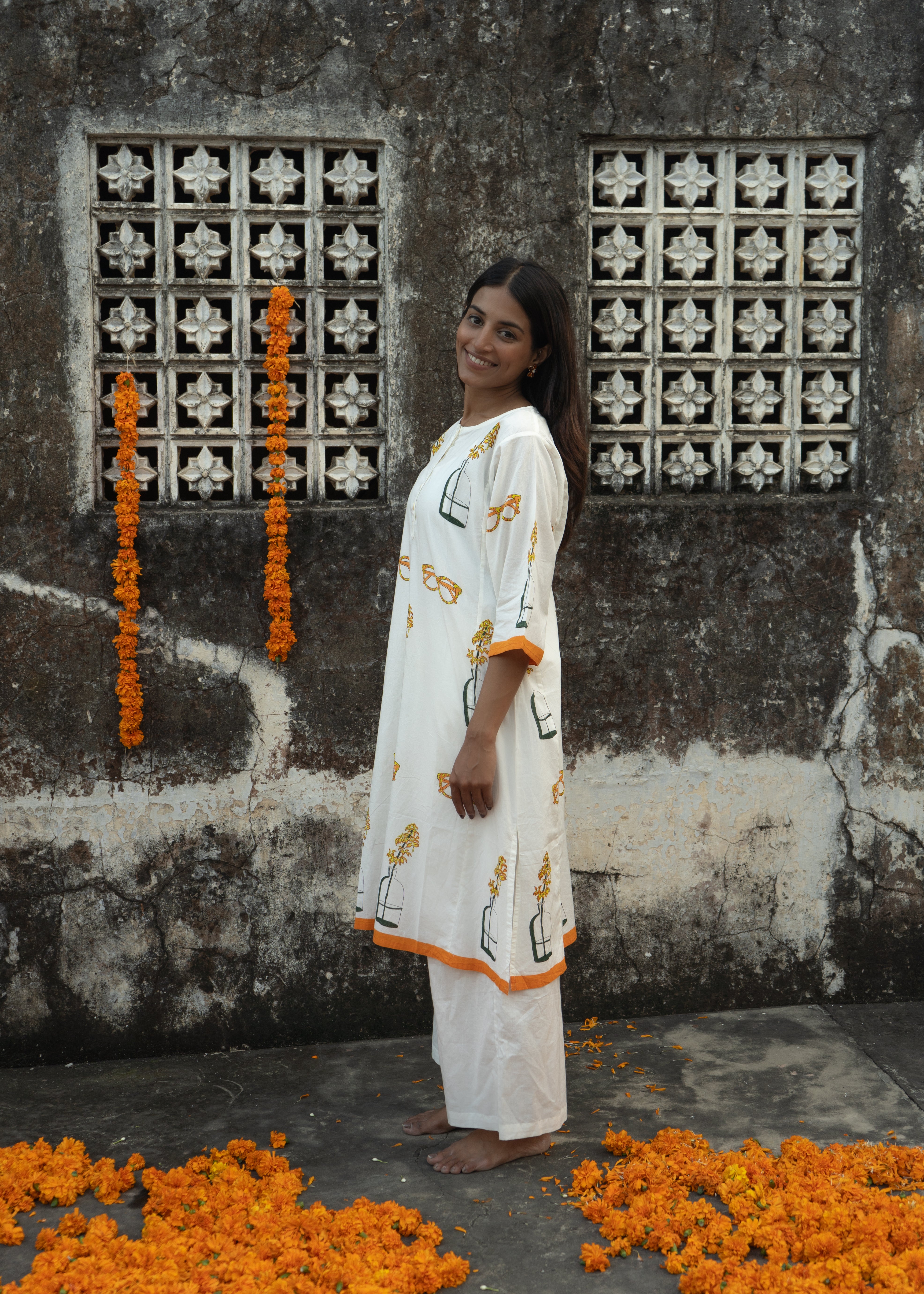 Narangi - Hand Block Printed Cotton Kurta - Length 41 Inches - Quirky Print