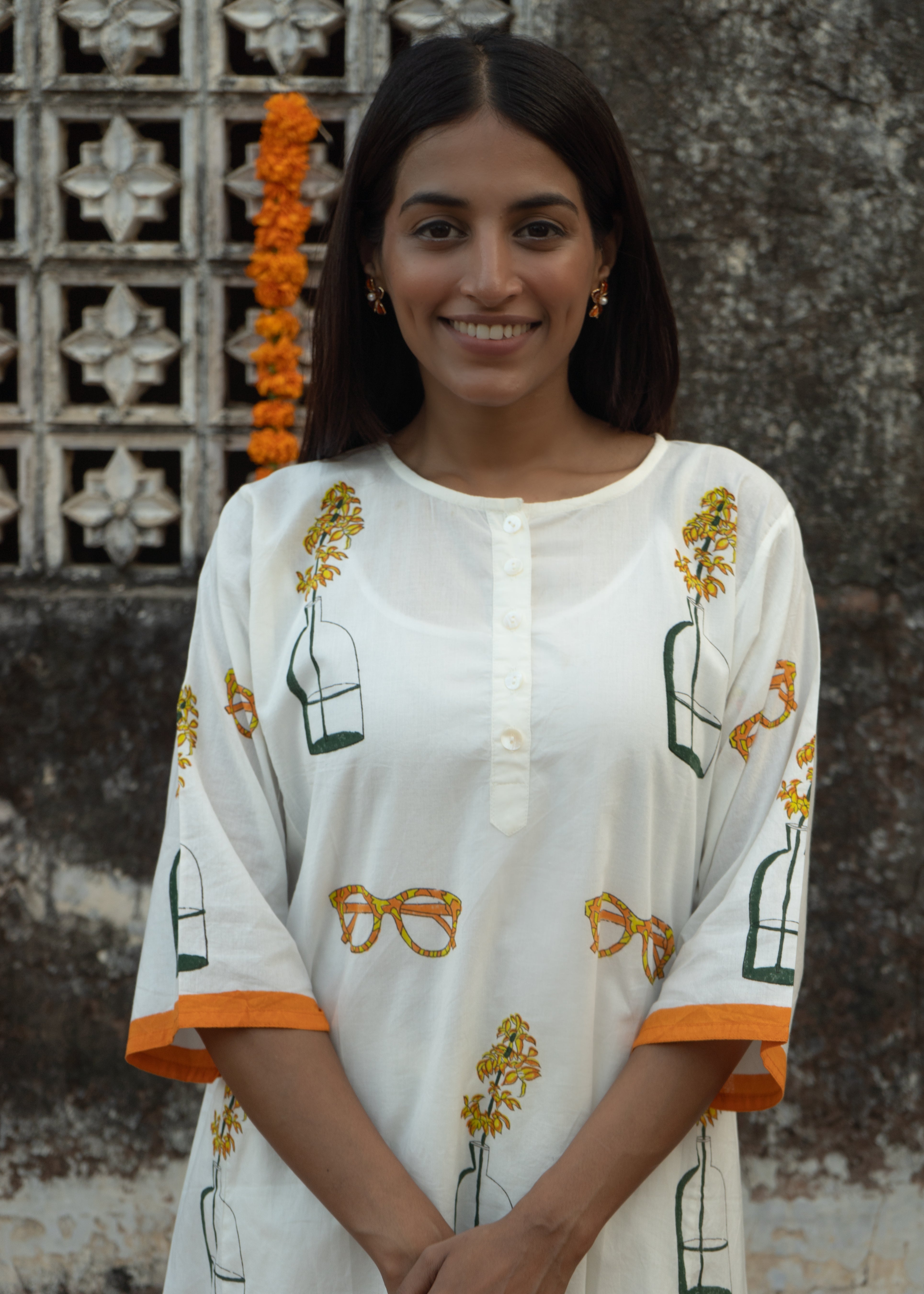 Narangi - Hand Block Printed Cotton Kurta - Length 41 Inches - Quirky Print