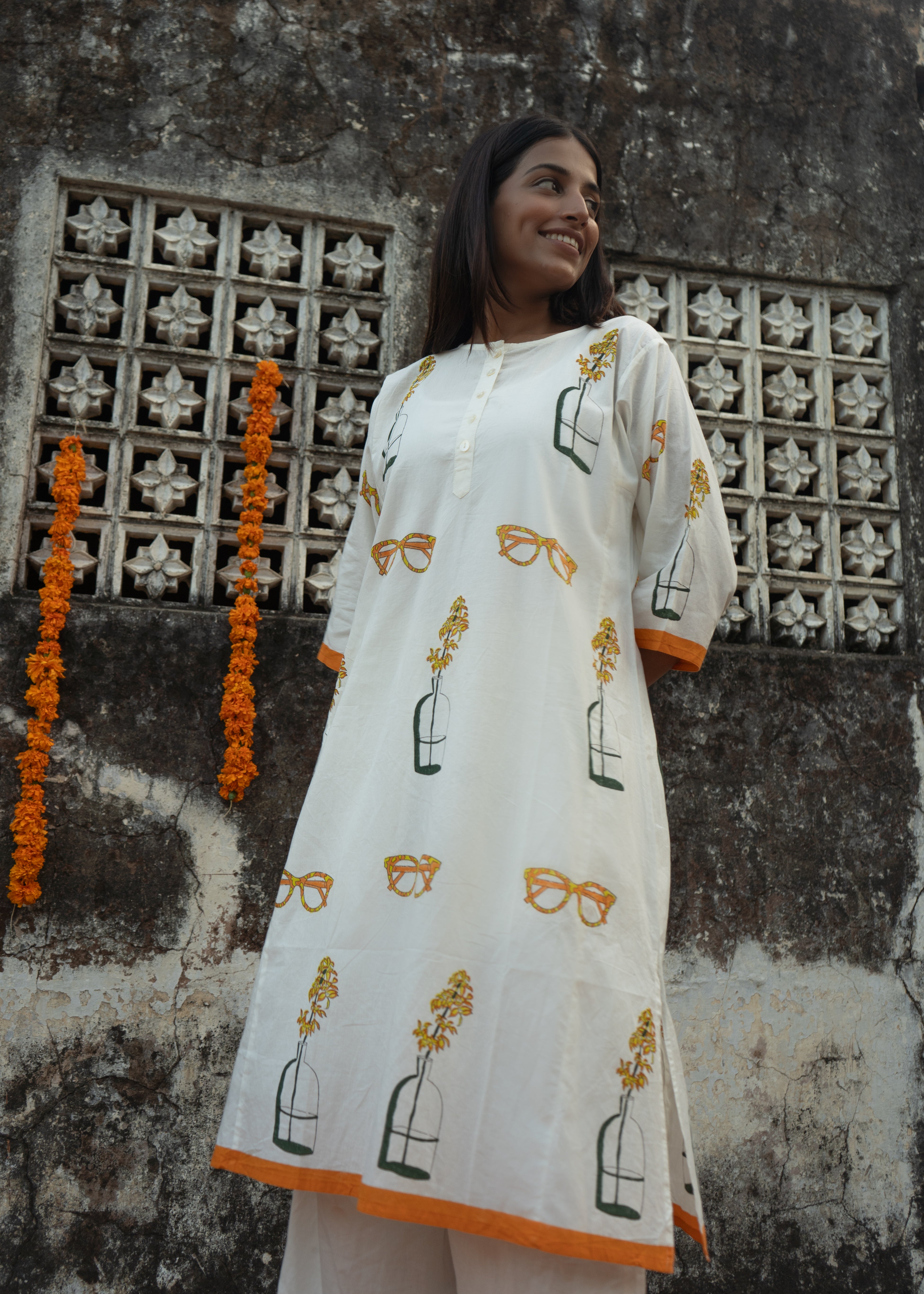 Narangi - Hand Block Printed Cotton Kurta - Length 41 Inches - Quirky Print