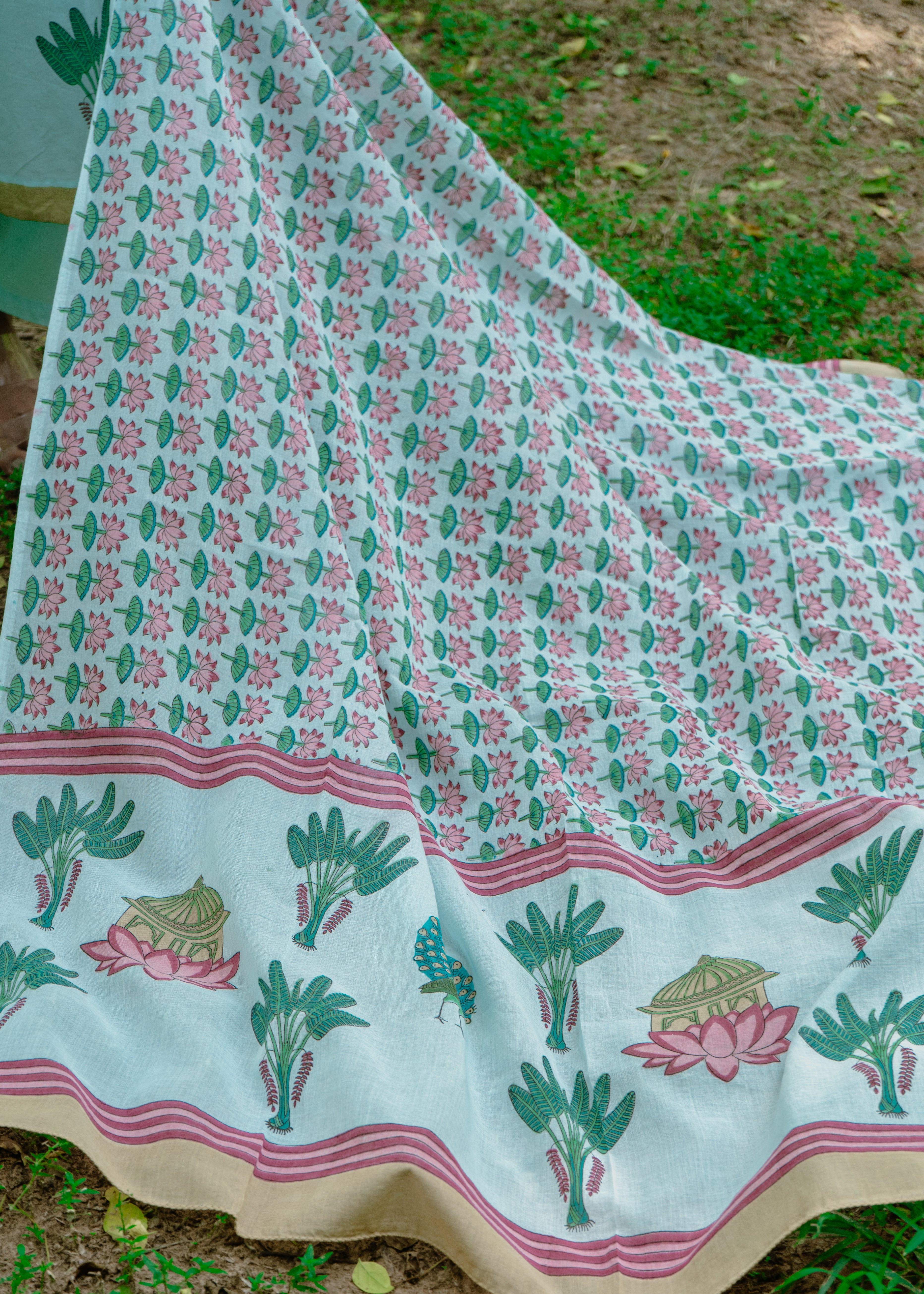 Indian Pichwai -  Dupatta Kamal Talai Hand Block Printed - Turquoise Blue