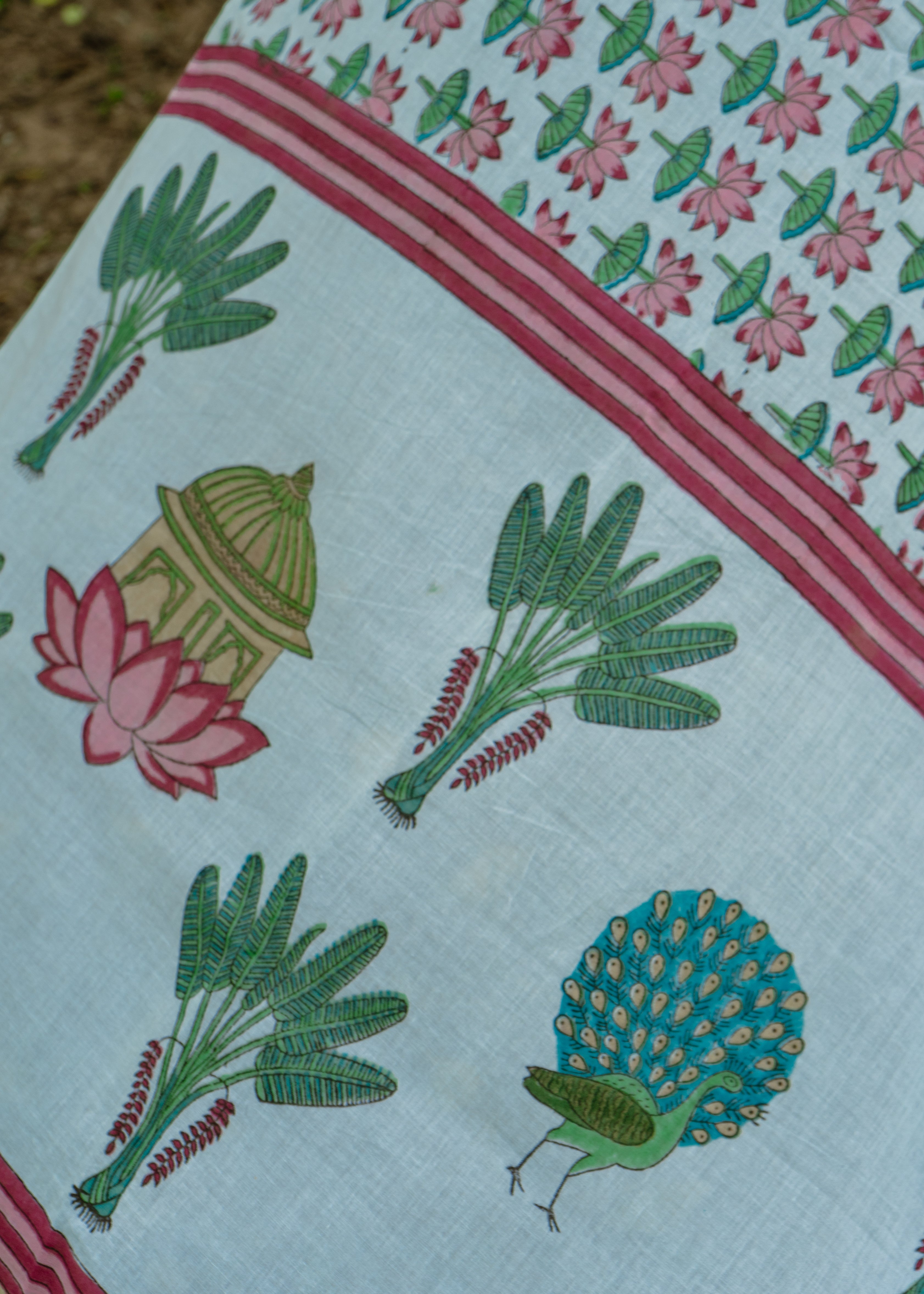 Indian Pichwai -  Dupatta Kamal Talai Hand Block Printed - Turquoise Blue