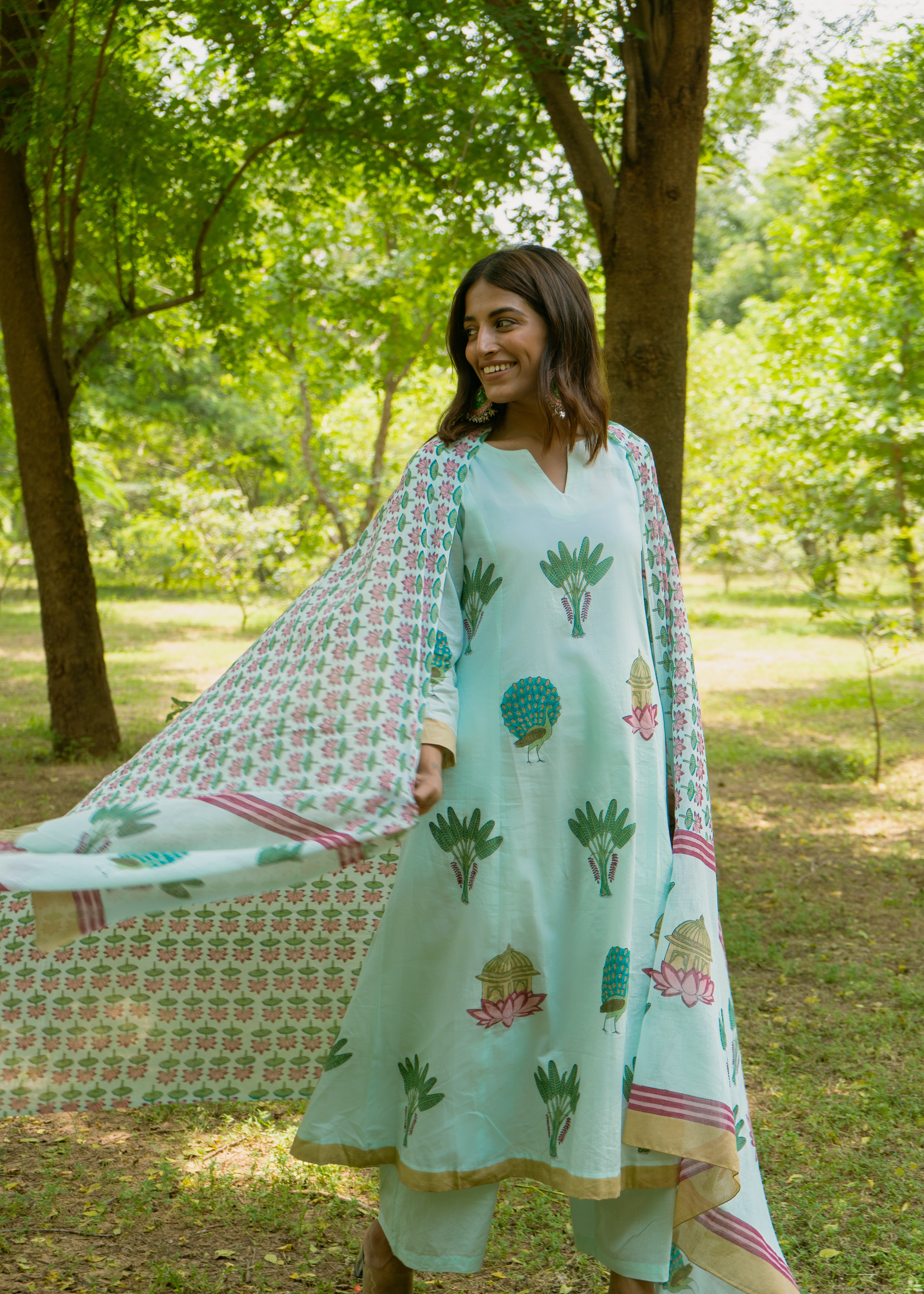 Indian Pichwai - Hand Block Printed Turquoise Blue Kali Kurta With Pant (SET OF 2)