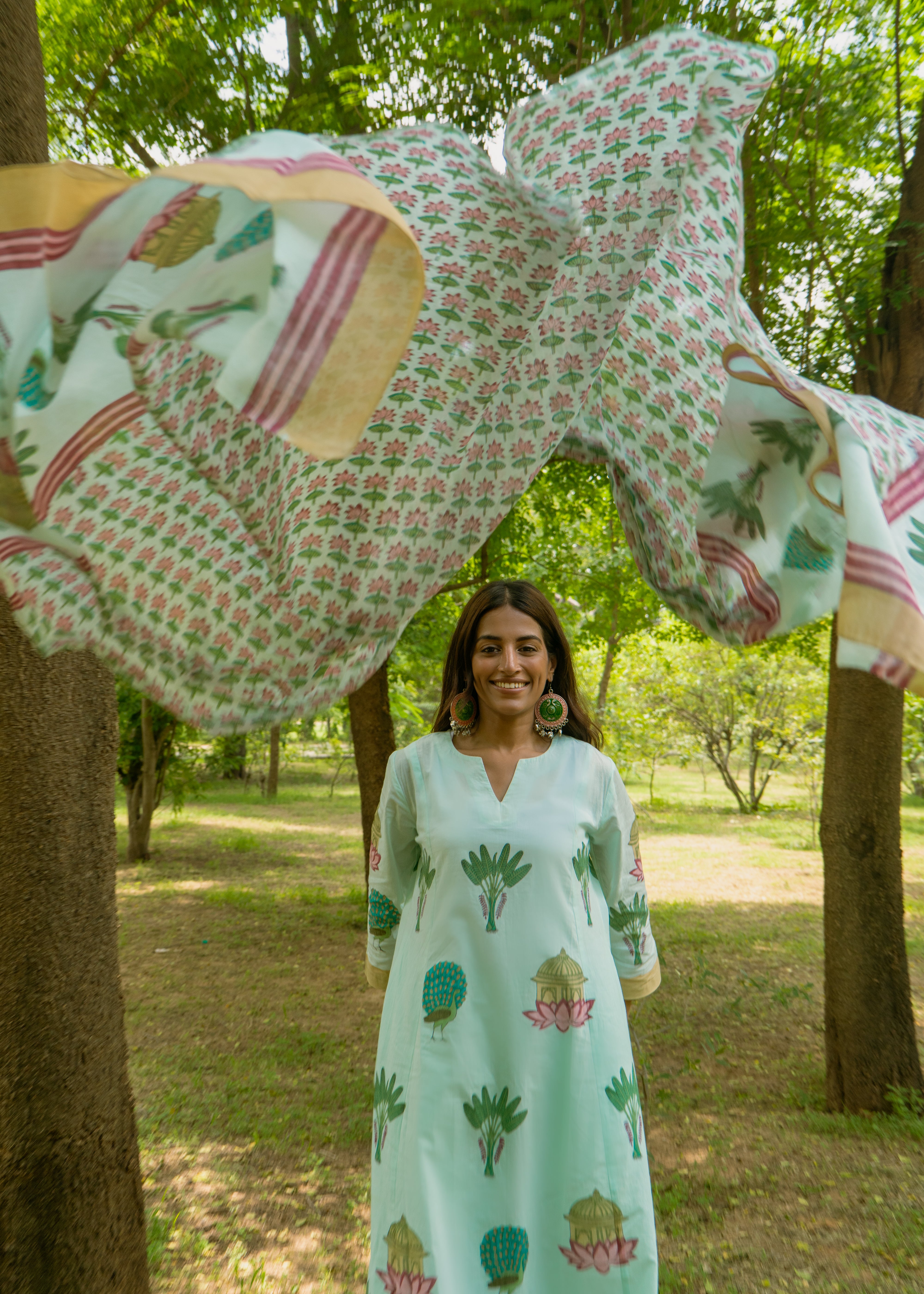 Indian Pichwai - Hand Block Printed Turquoise Blue Kali Kurta With Pant (SET OF 2)