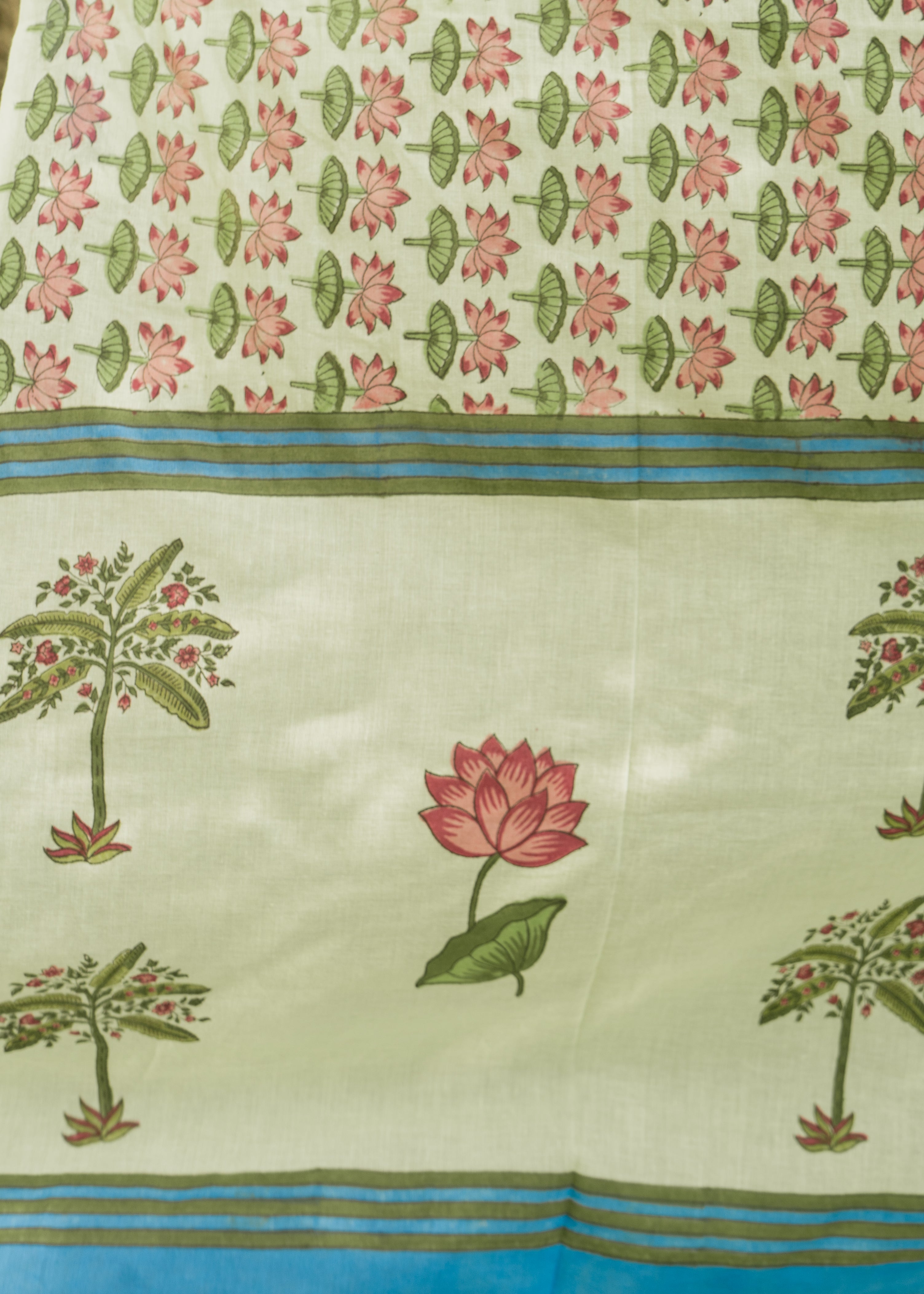 Indian Pichwai -  Dupatta Kamal Talai Hand Block Printed - Lemon Green