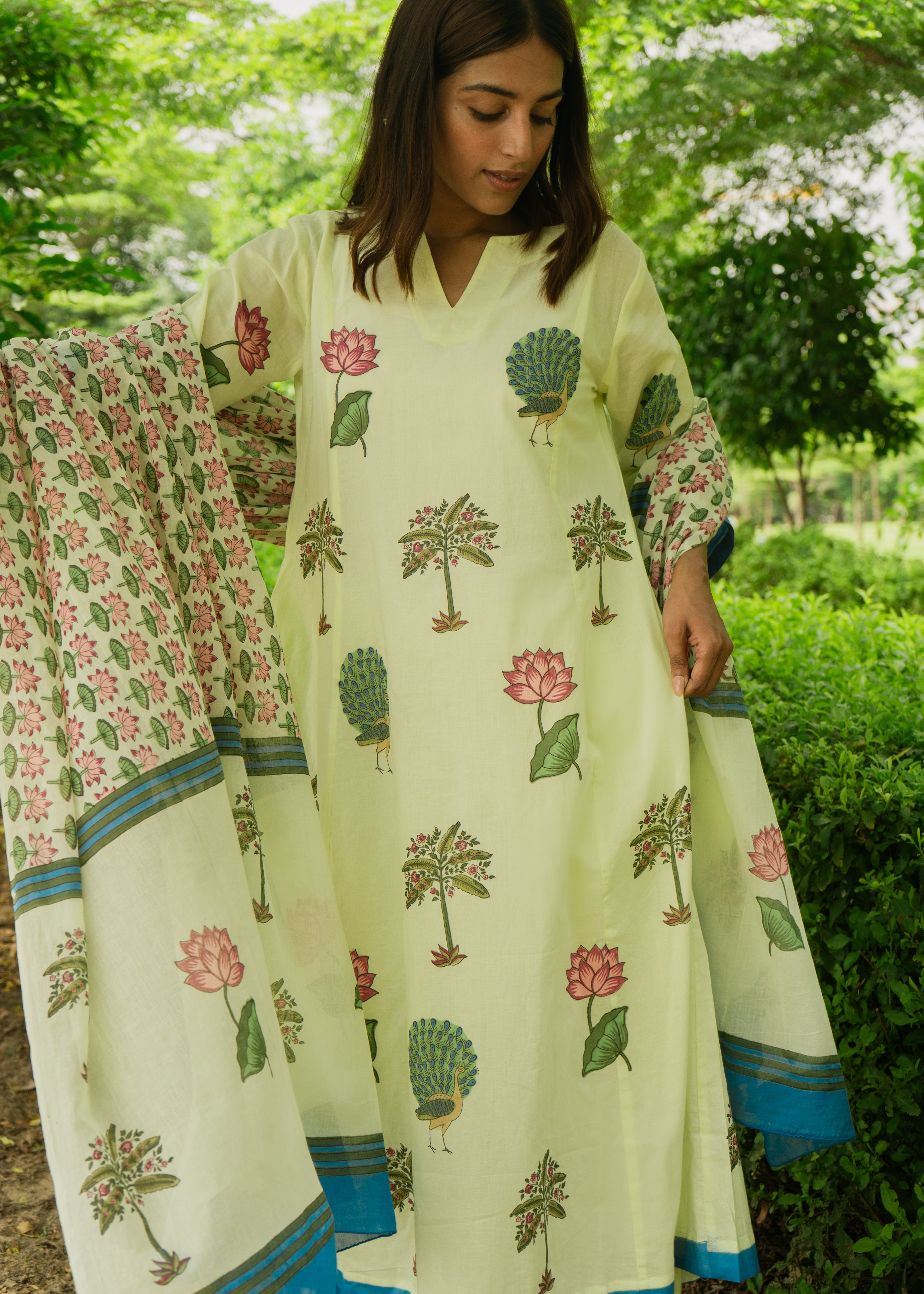 Indian Pichwai - Hand Block Printed Lemon Green Kali Kurta With Pant (SET OF 2)