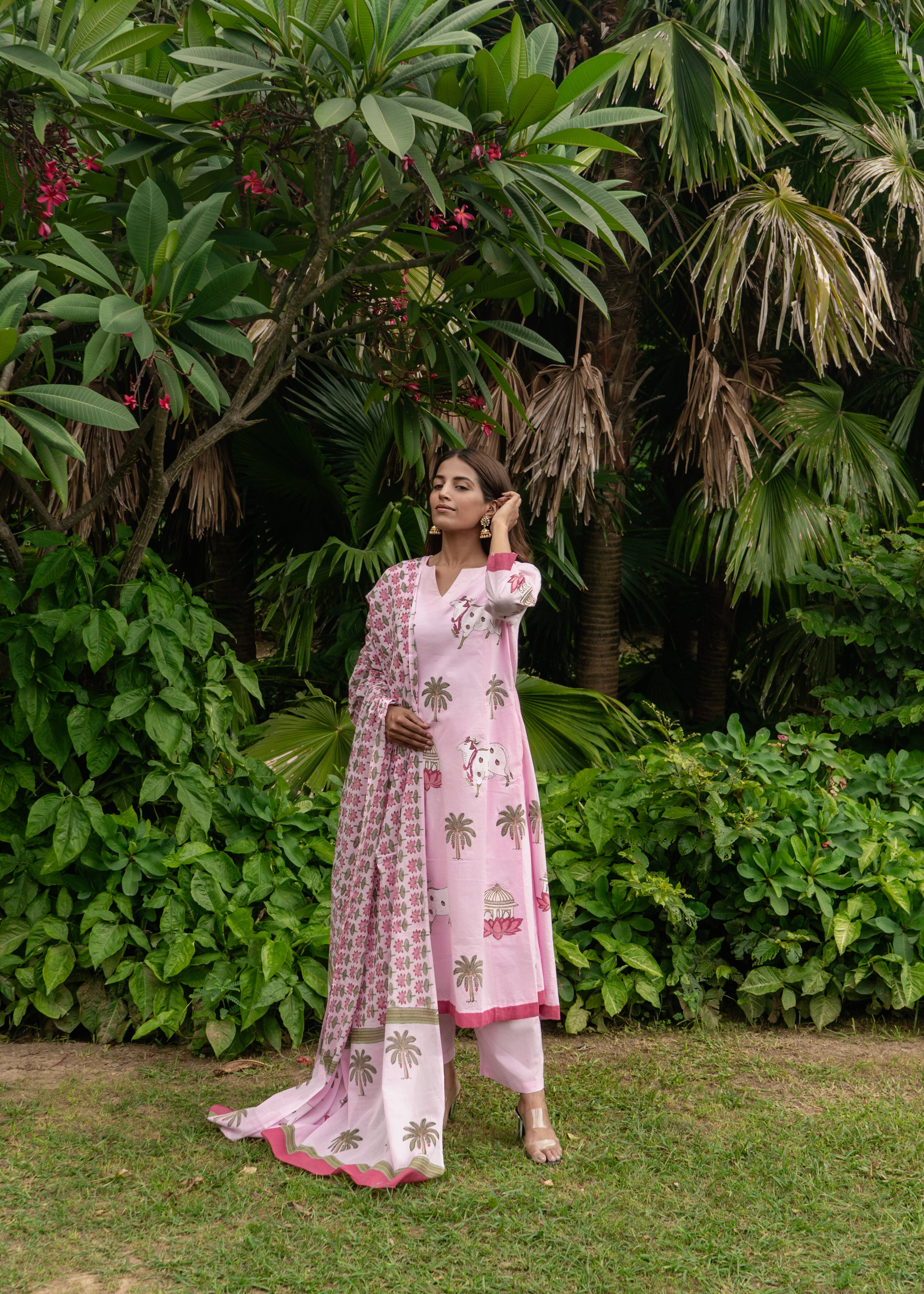 Indian Pichwai - Hand Block Printed Pastel Pink Kali Kurta With Pant (SET OF 2)