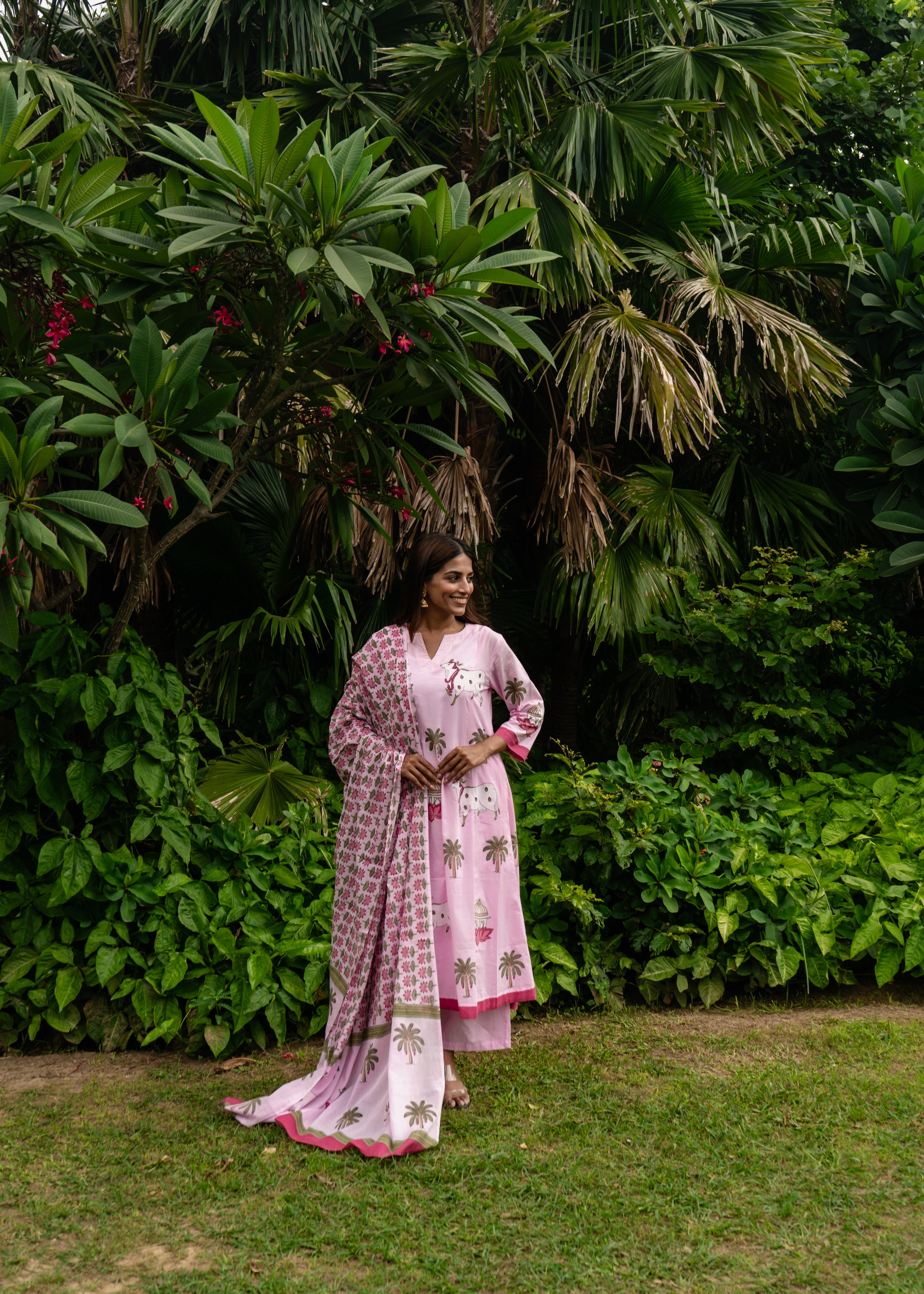 Indian Pichwai - Hand Block Printed Pastel Pink Kali Kurta With Pant (SET OF 2)