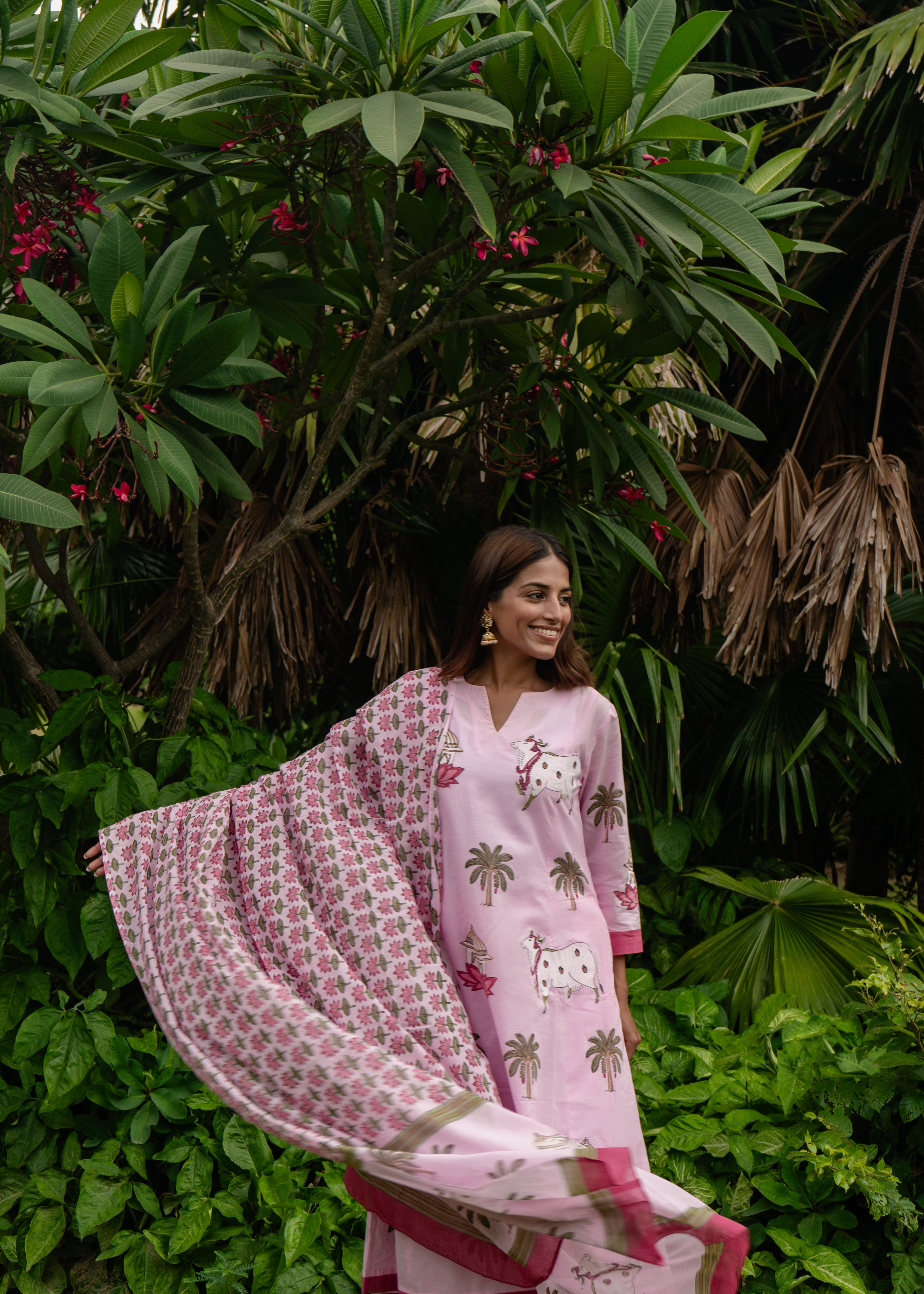 Indian Pichwai - Hand Block Printed Pastel Pink Kali Kurta With Pant (SET OF 2)