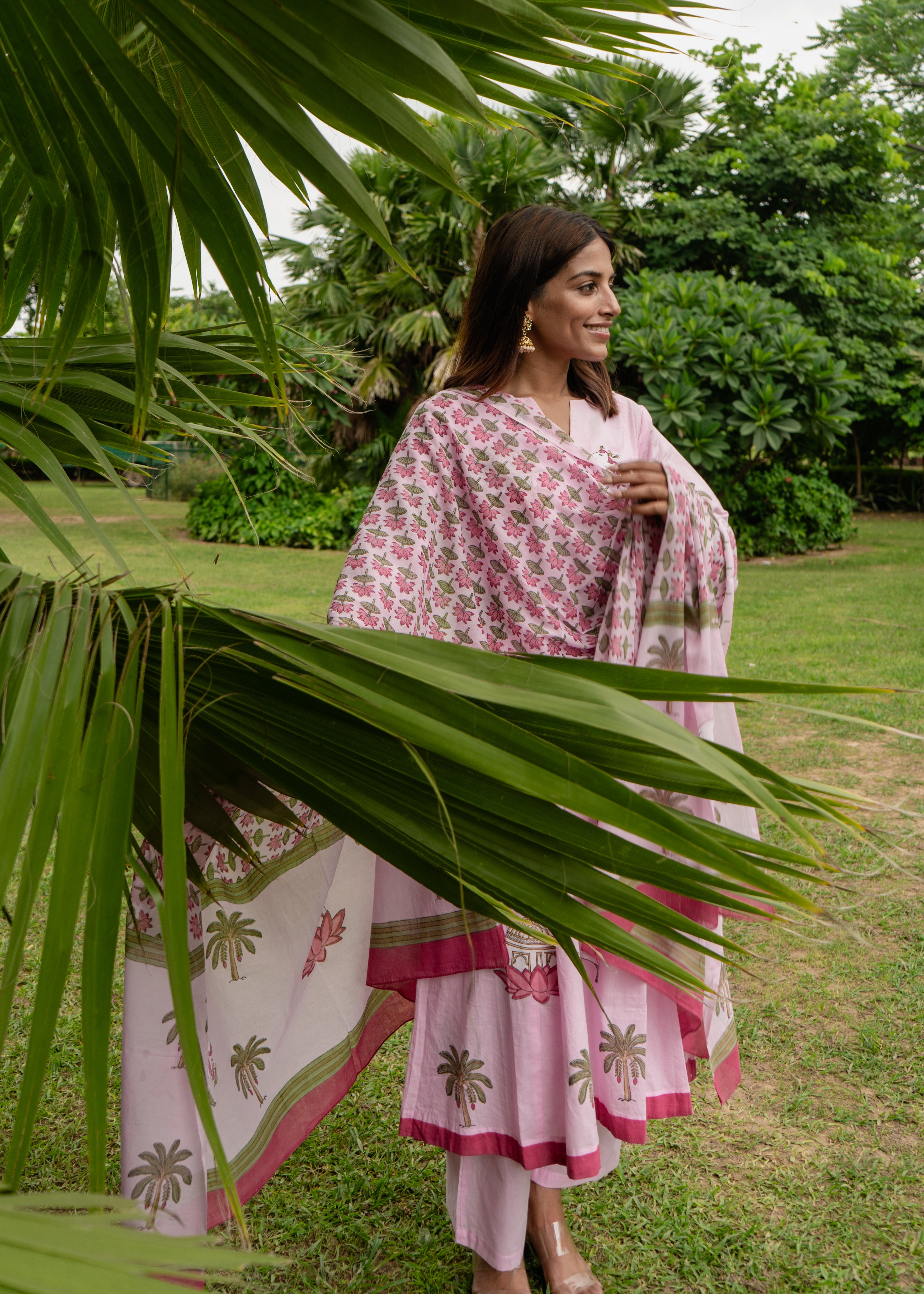 Indian Pichwai - Hand Block Printed Pastel Pink Kali Kurta With Pant (SET OF 2)